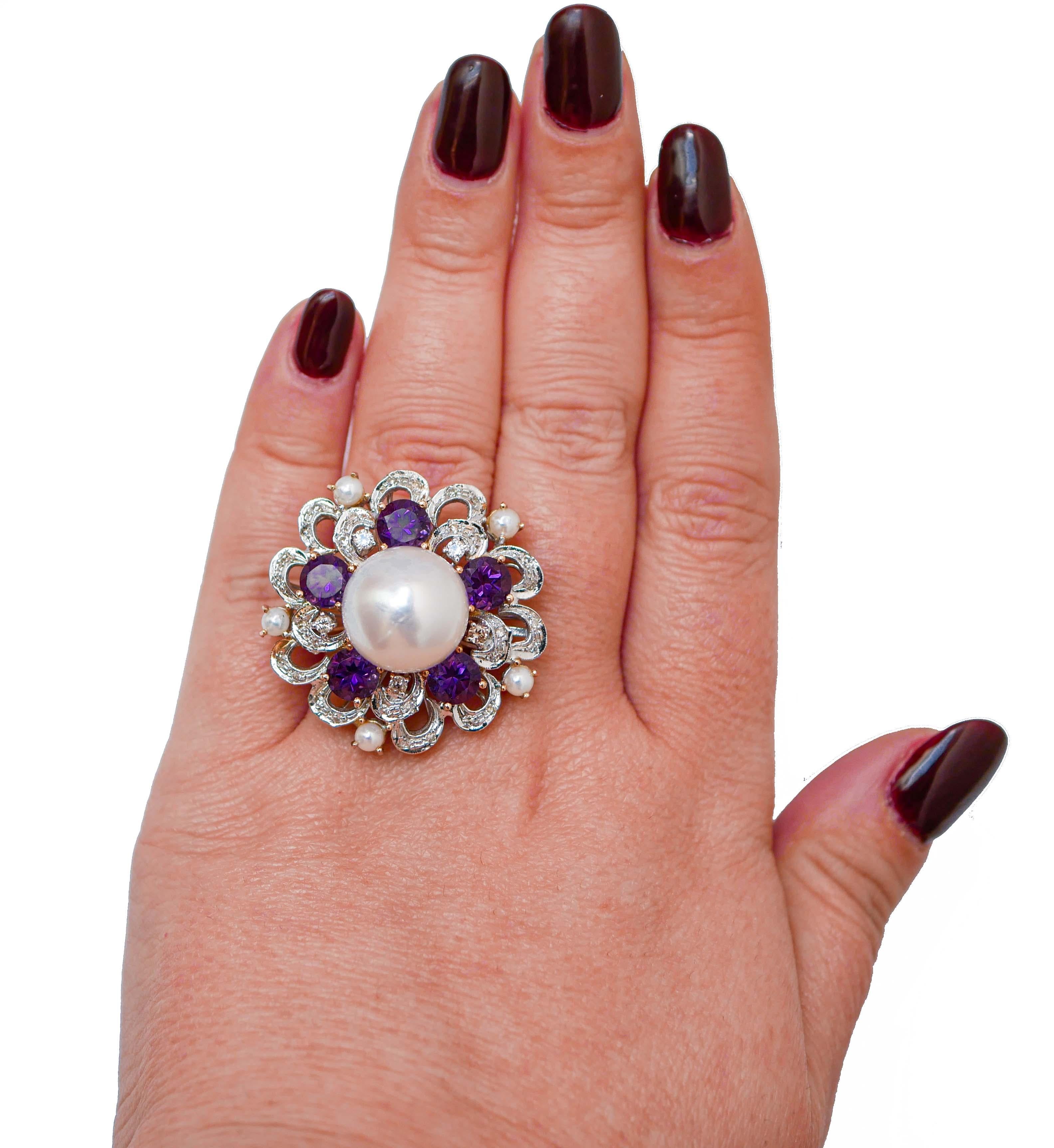 Mixed Cut South-Sea Pearl, Diamonds, Amethysts, Pearls, 14Kt Rose Gold and White Gold Ring For Sale