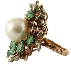 South Sea Pearl, Diamonds, Emeralds, 9 Karat Rose Gold and Silver Ring