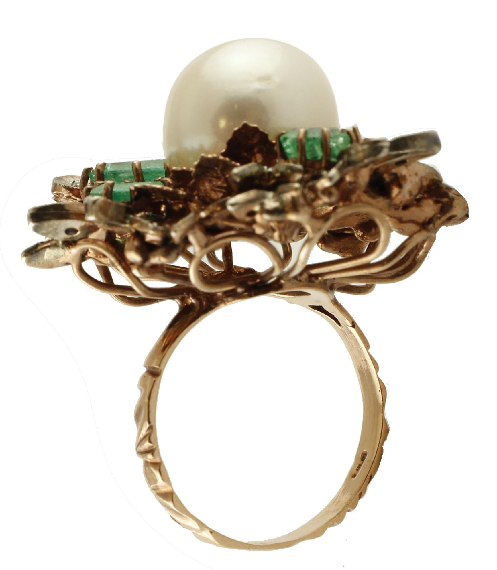 Mixed Cut South Sea Pearl, Diamonds, Emeralds, 9 Karat Rose Gold and Silver Ring