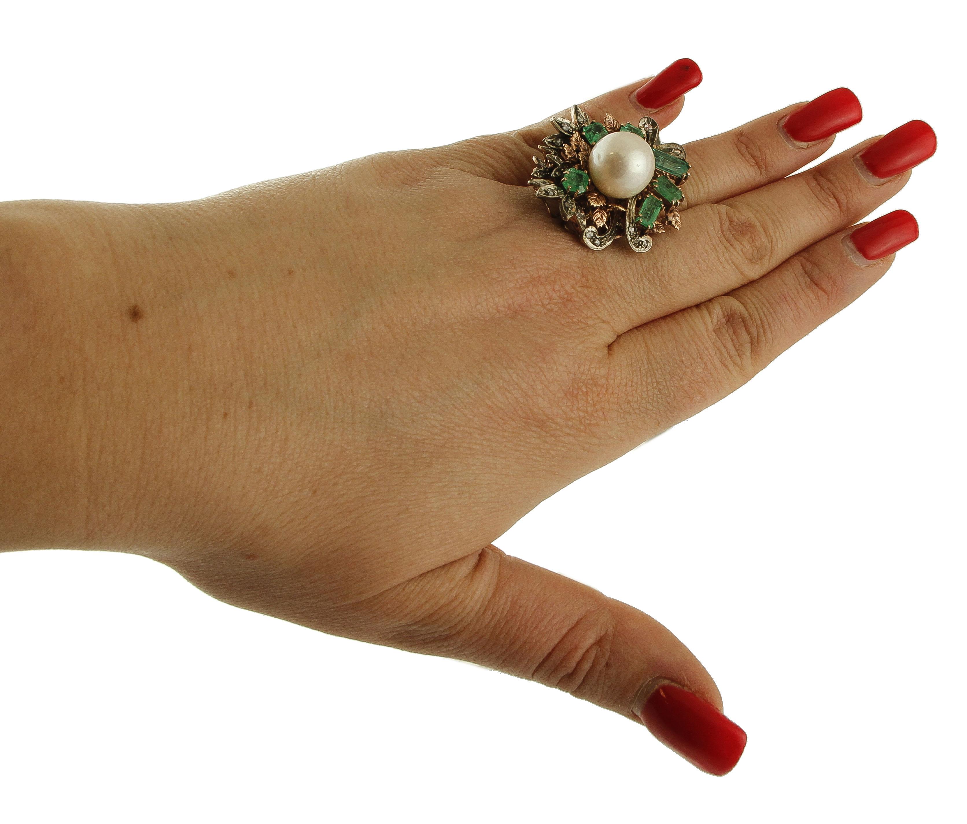 Women's South Sea Pearl, Diamonds, Emeralds, 9 Karat Rose Gold and Silver Ring