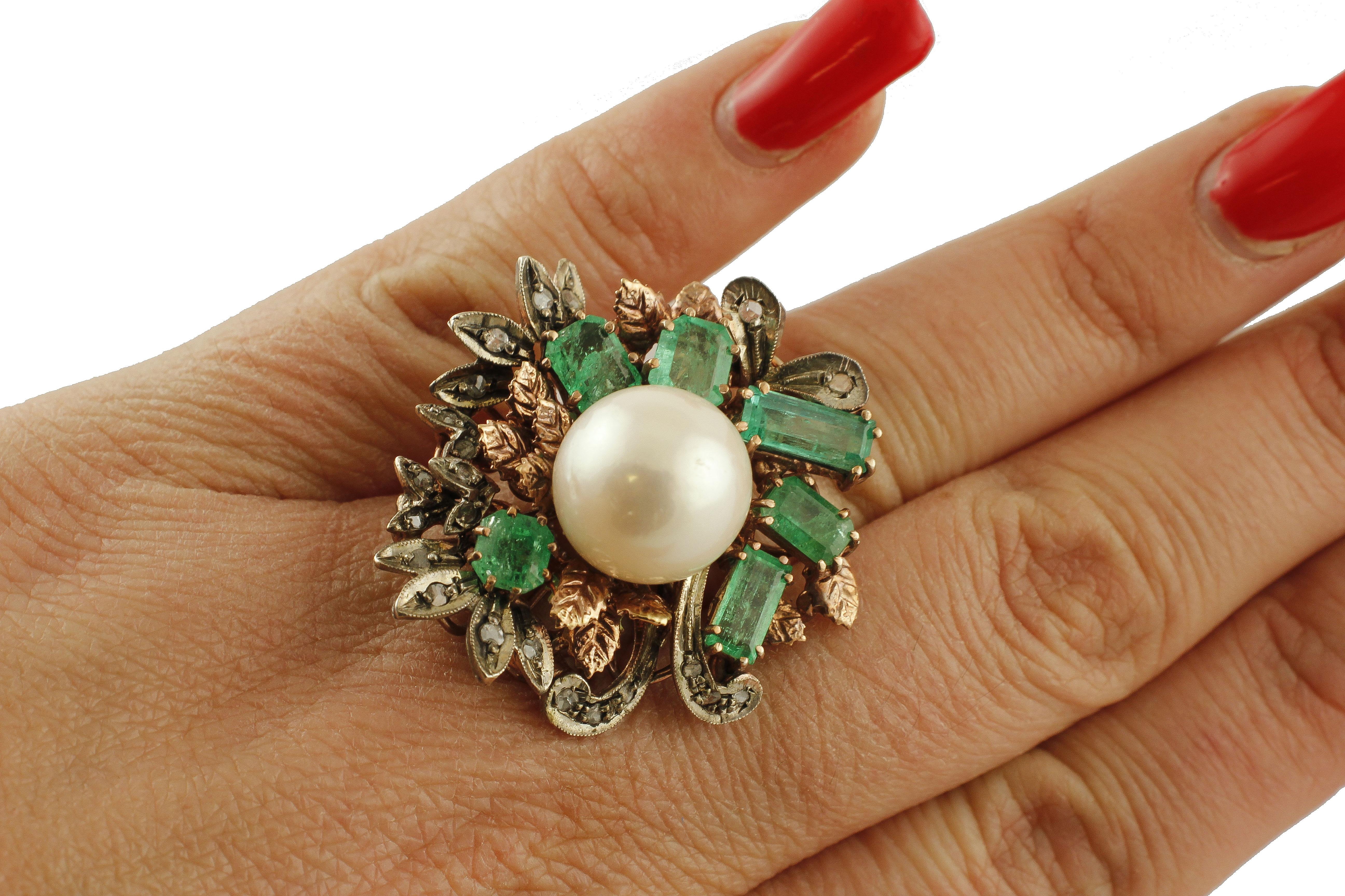 South Sea Pearl, Diamonds, Emeralds, 9 Karat Rose Gold and Silver Ring 1