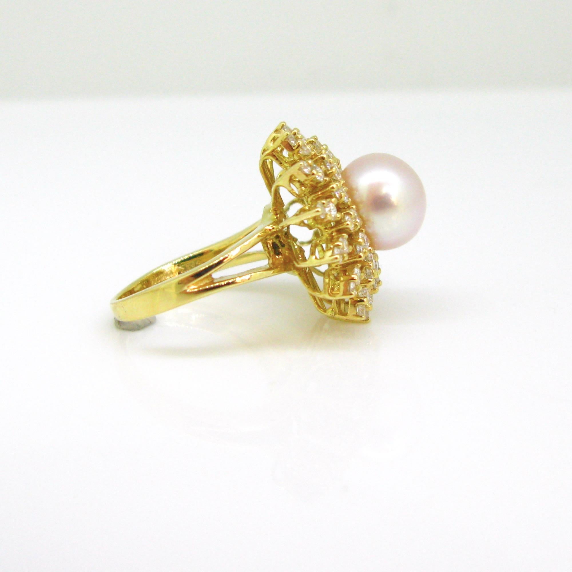 Round Cut South Sea Pearl Diamonds Flower Yellow Gold Cluster Ring For Sale