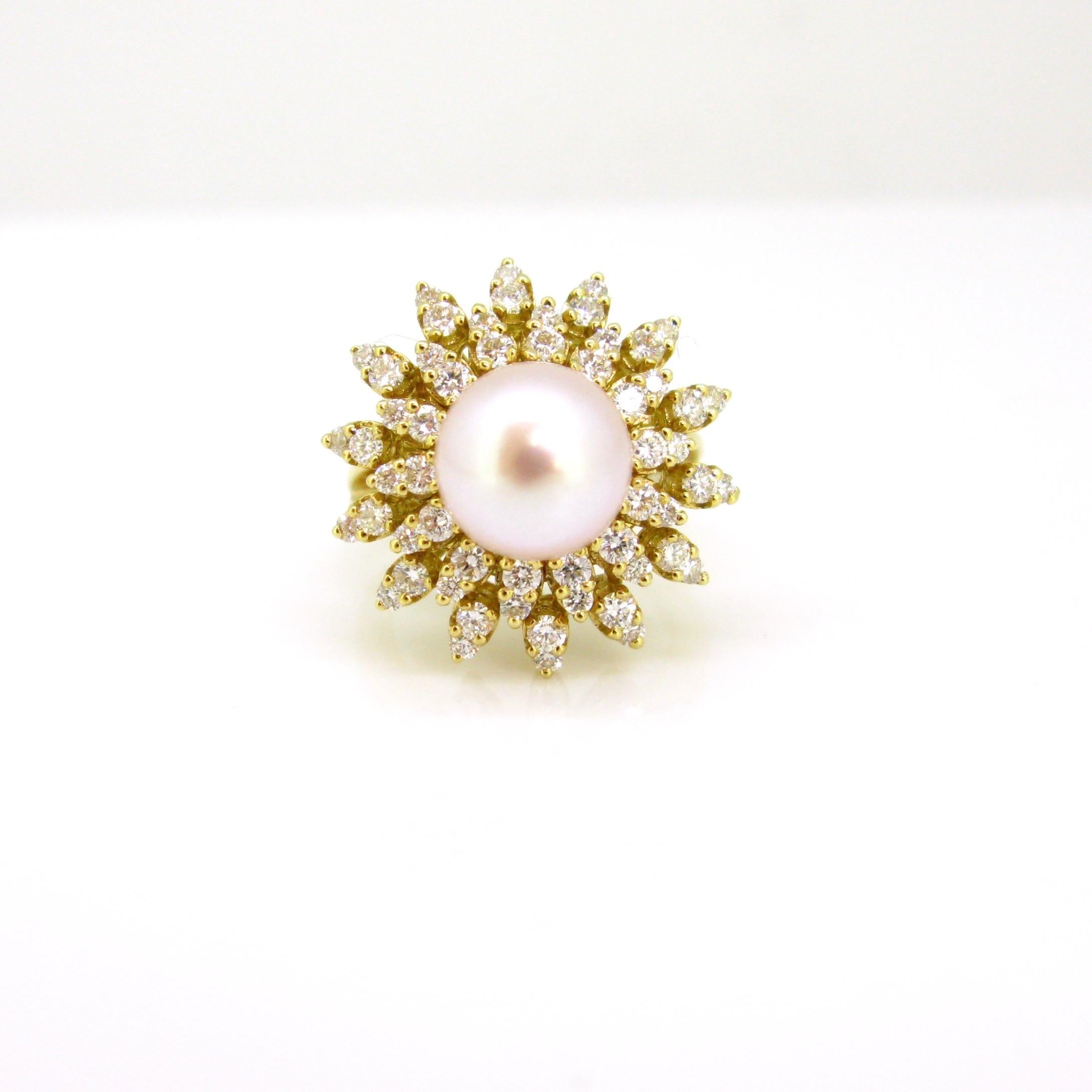 South Sea Pearl Diamonds Flower Yellow Gold Cluster Ring In Excellent Condition For Sale In London, GB