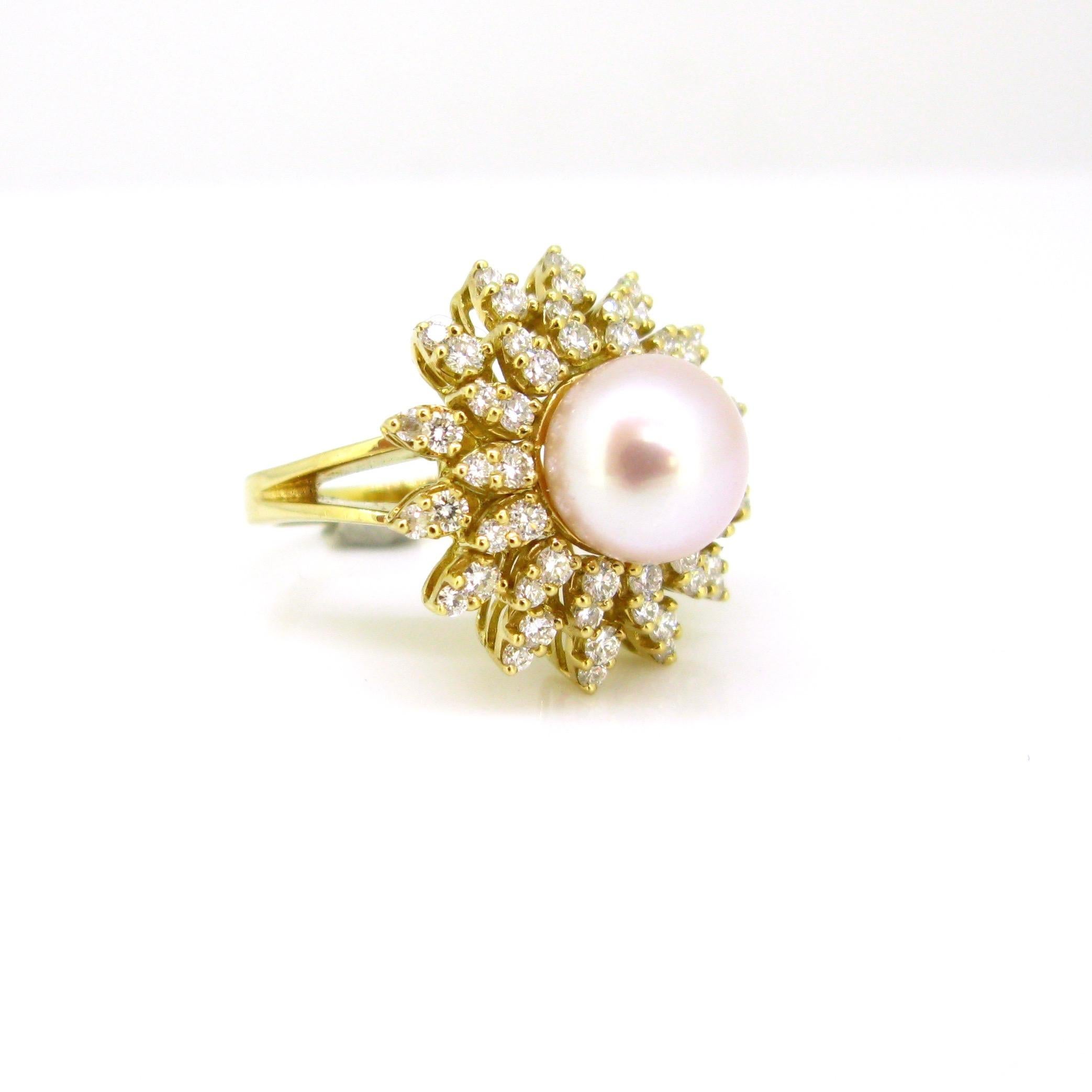 Women's or Men's South Sea Pearl Diamonds Flower Yellow Gold Cluster Ring For Sale