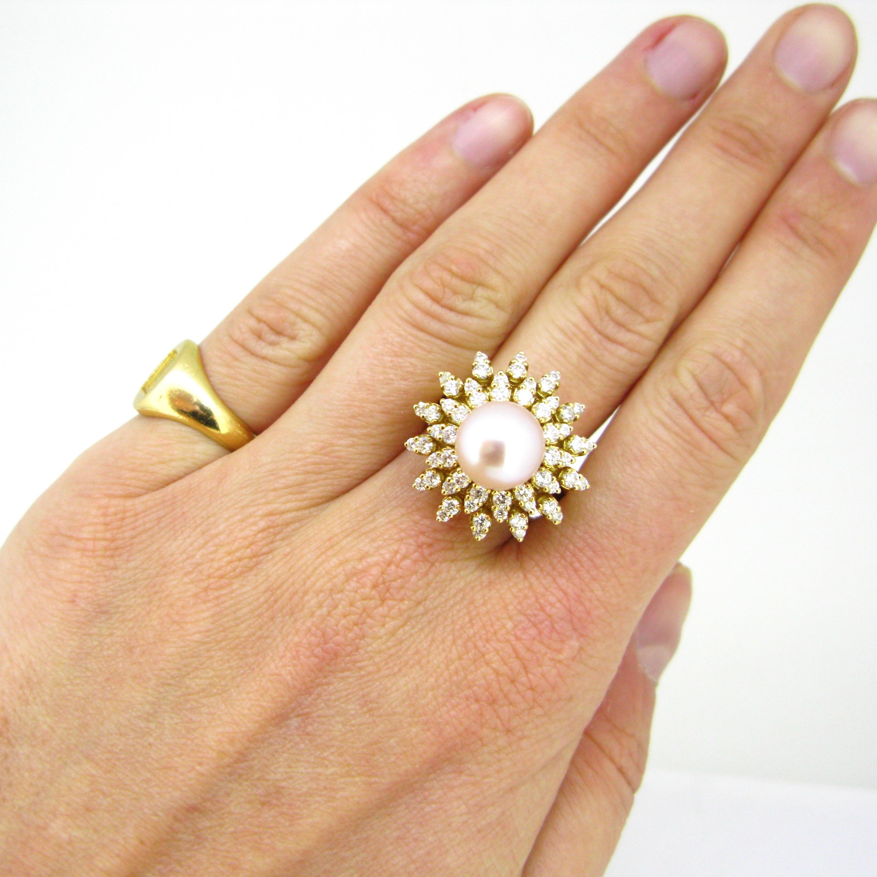 South Sea Pearl Diamonds Flower Yellow Gold Cluster Ring For Sale 3