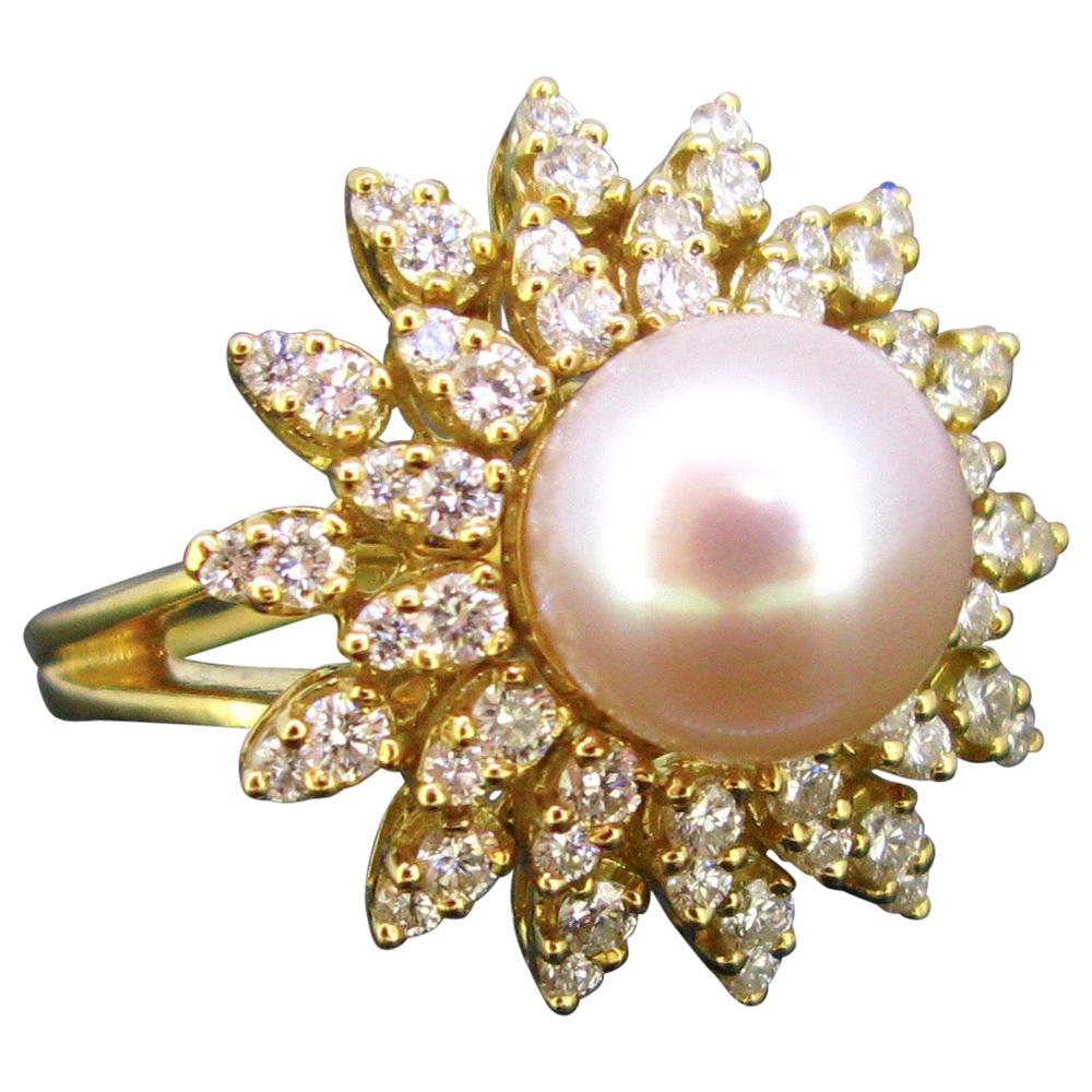 South Sea Pearl Diamonds Flower Yellow Gold Cluster Ring