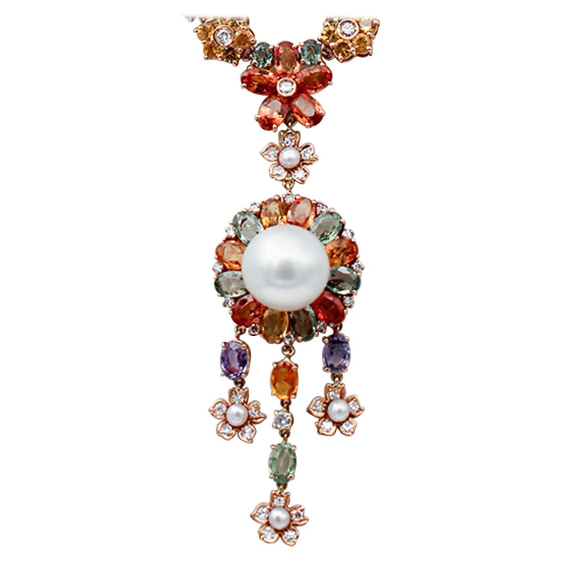 South-Sea Pearl, Diamonds, Multicolor Sapphires, 14 Karat Rose Gold Necklace