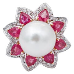 South-Sea Pearl, Diamonds, Rubies, 14 Karat White and Yellow Gold Ring