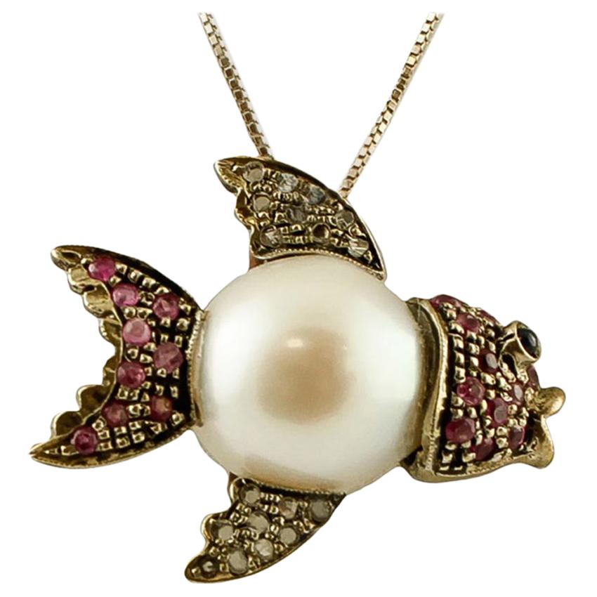 South Sea Pearl, Diamonds, Rubies, 9 Karat Gold and Silver Vintage Fish Pendant For Sale