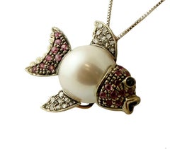 South Sea Pearl, Diamonds, Rubies, 9 Karat Gold and Silver Vintage Fish Pendant