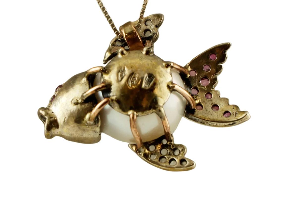 Retro South Sea Pearl, Diamonds, Rubies, 9 Karat Gold and Silver Vintage Fish Pendant For Sale