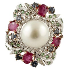 South Sea Pearl Diamonds Rubies Sapphires Tsavorites Yellow and White Gold Ring