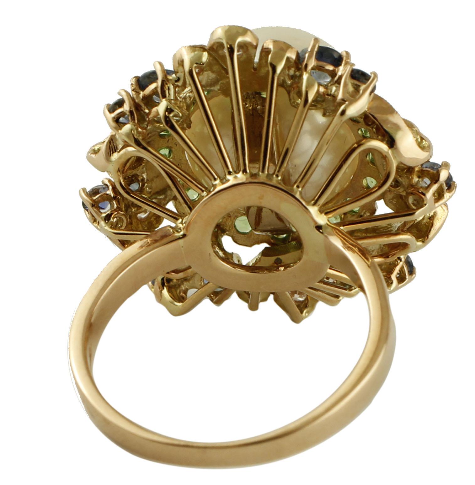 Retro South Sea Pearl, Diamonds, Sapphires, Tsavorite, 14 Karat Rose & White Gold Ring For Sale
