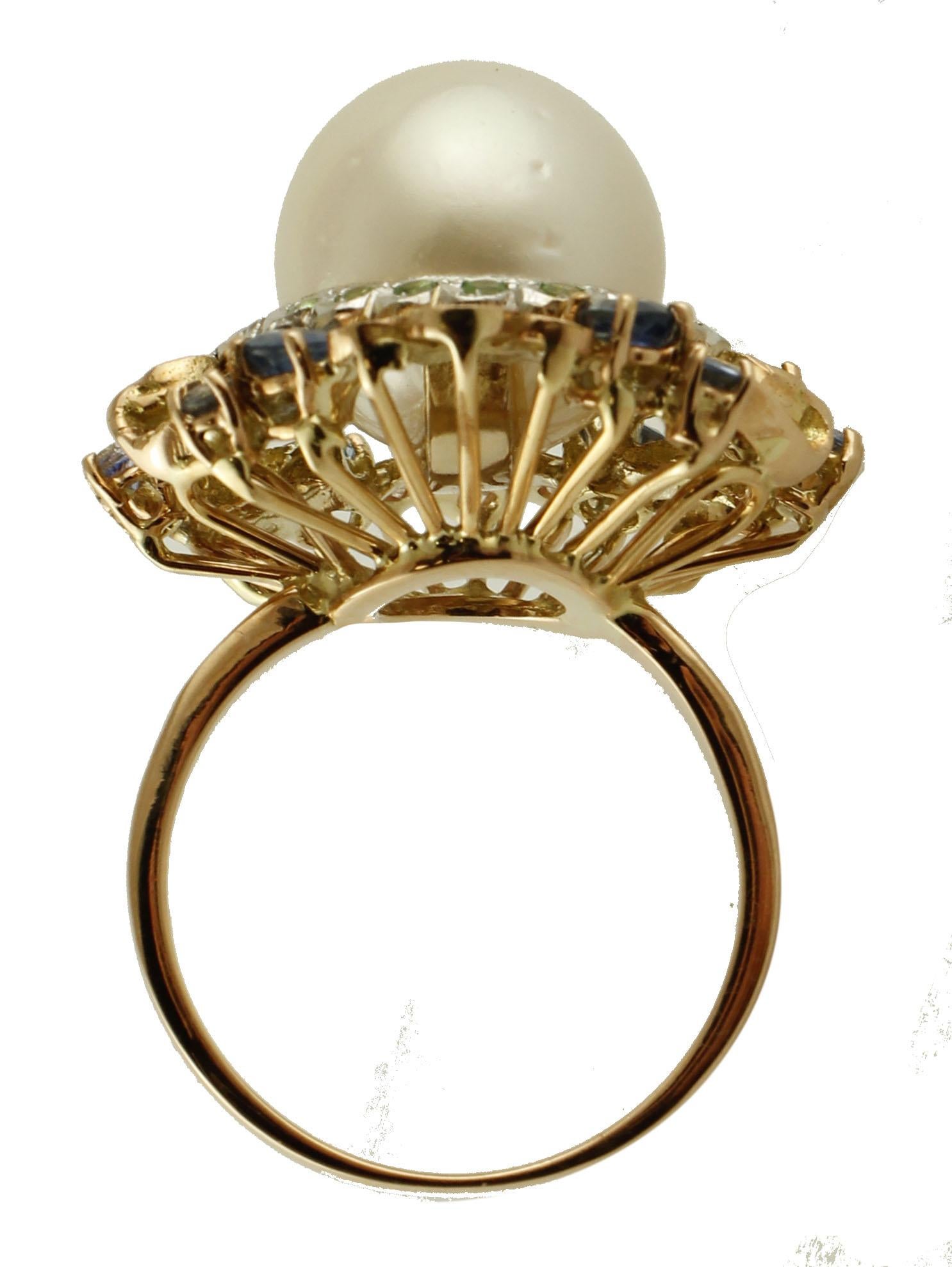 Mixed Cut South Sea Pearl, Diamonds, Sapphires, Tsavorite, 14 Karat Rose & White Gold Ring For Sale