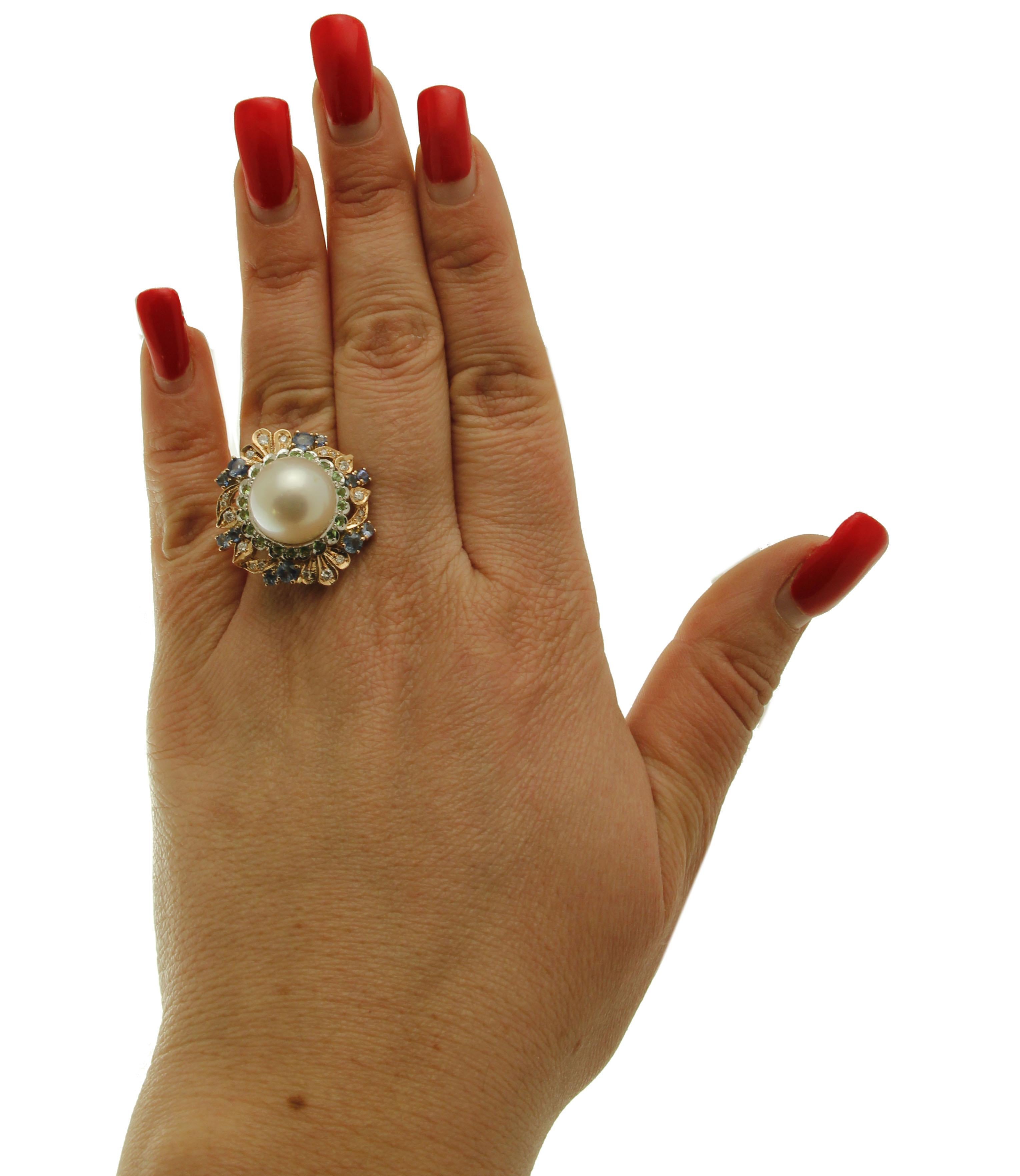 Women's South Sea Pearl, Diamonds, Sapphires, Tsavorite, 14 Karat Rose & White Gold Ring For Sale