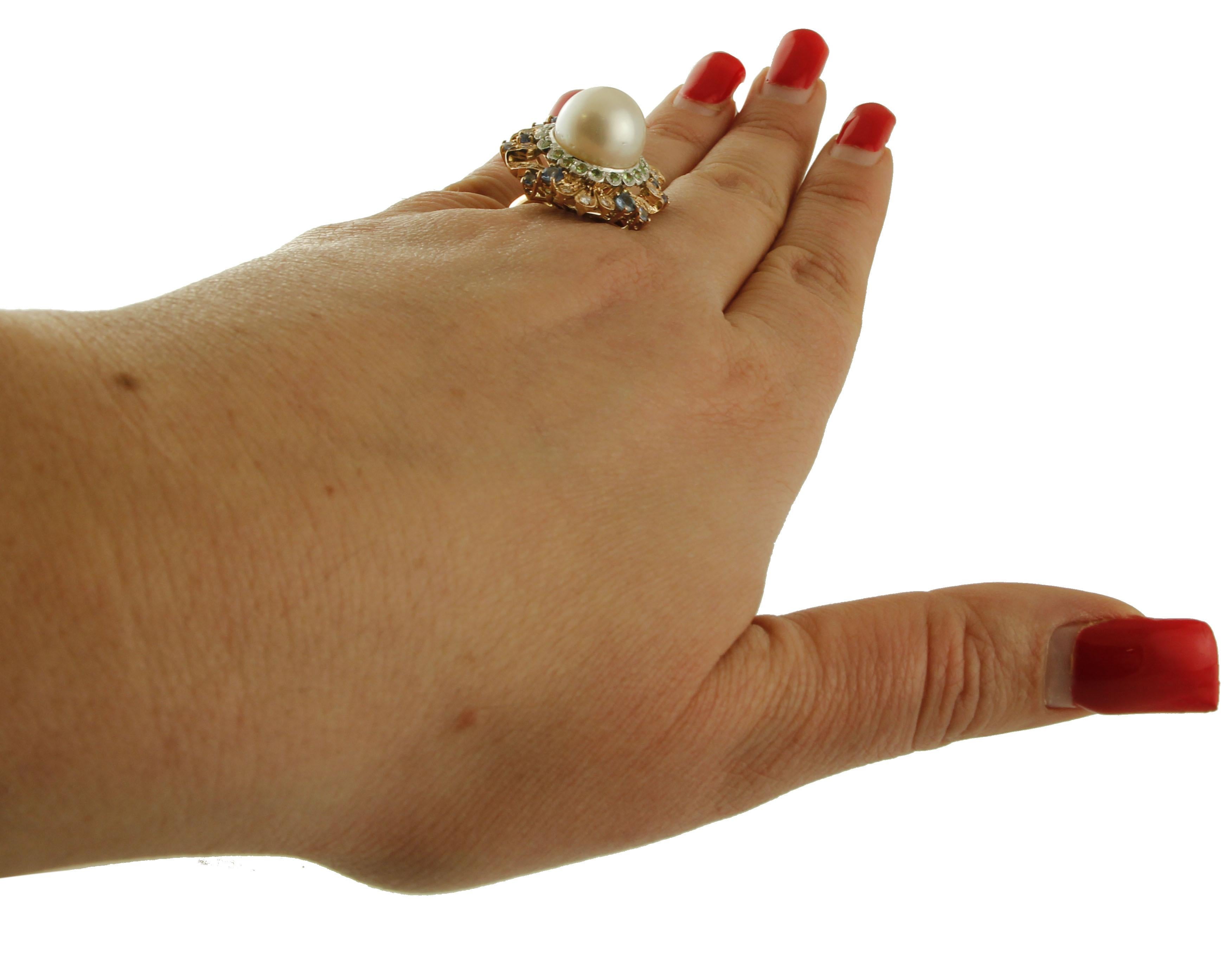 South Sea Pearl, Diamonds, Sapphires, Tsavorite, 14 Karat Rose & White Gold Ring For Sale 1