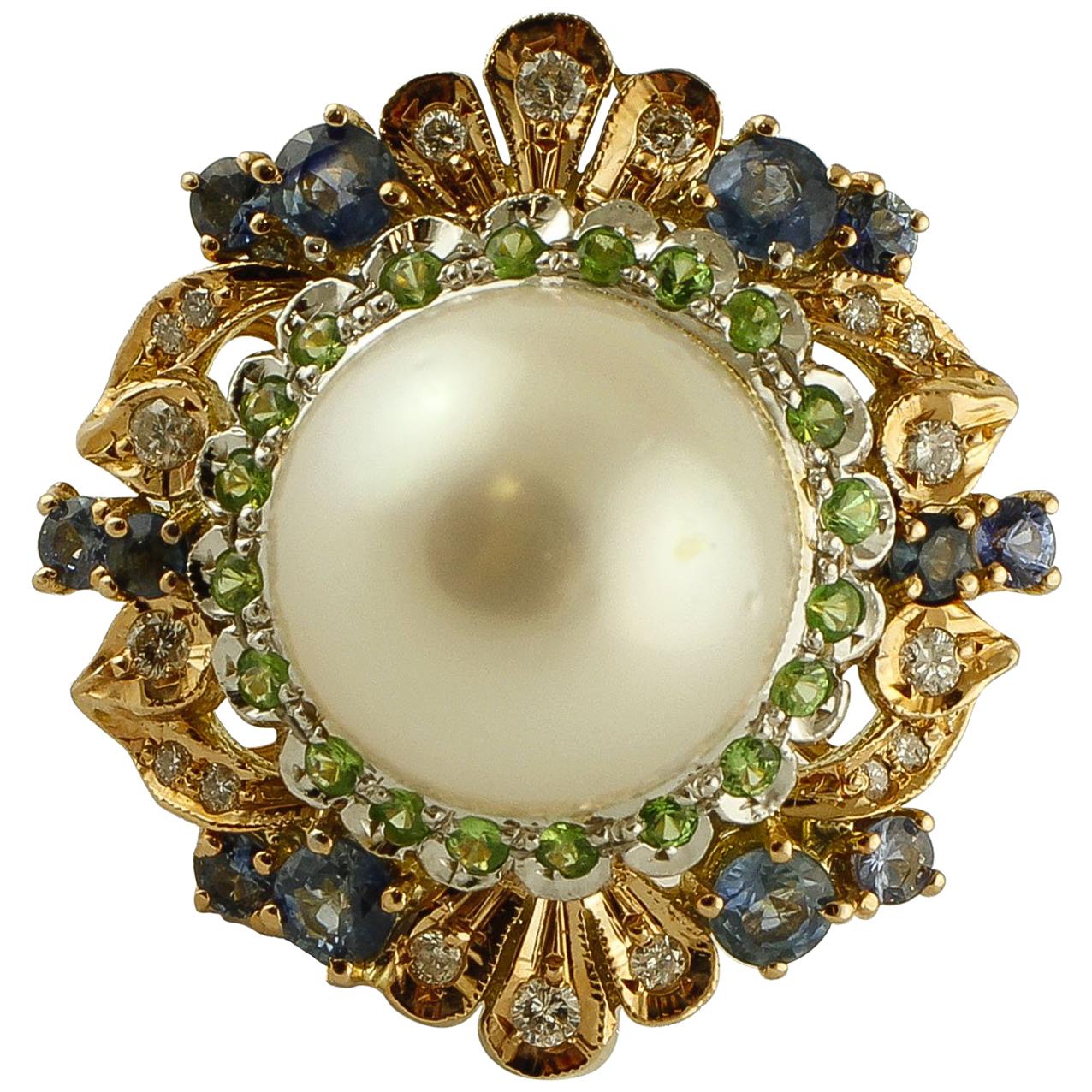 South Sea Pearl, Diamonds, Sapphires, Tsavorite, 14 Karat Rose & White Gold Ring