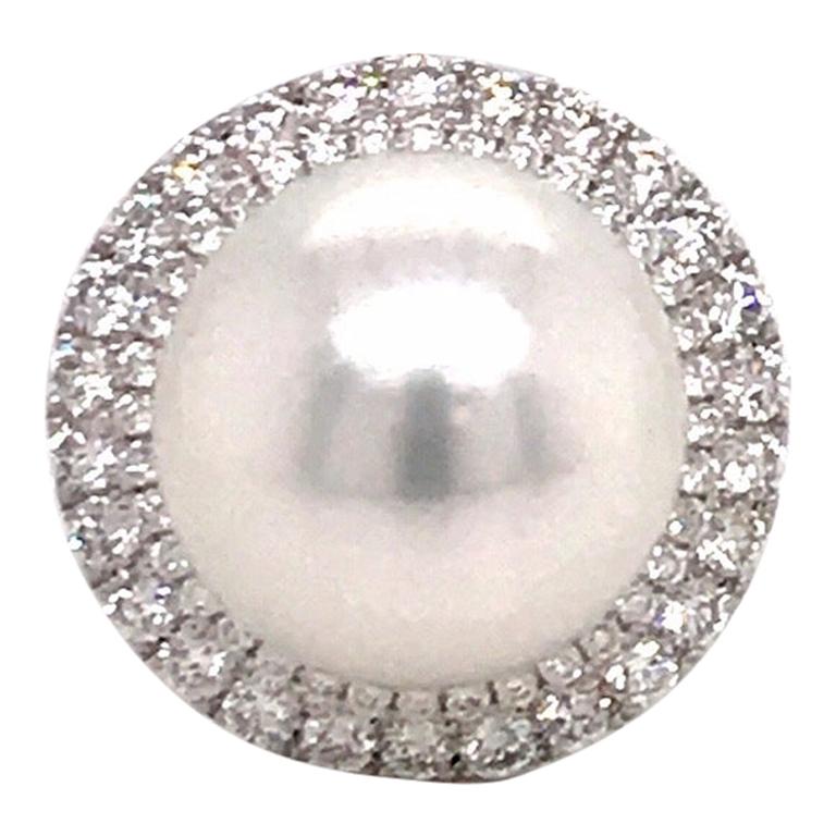 South Sea Pearl Double Diamond Halo Ring 1.16 Carat 18 Karat White Gold For Sale