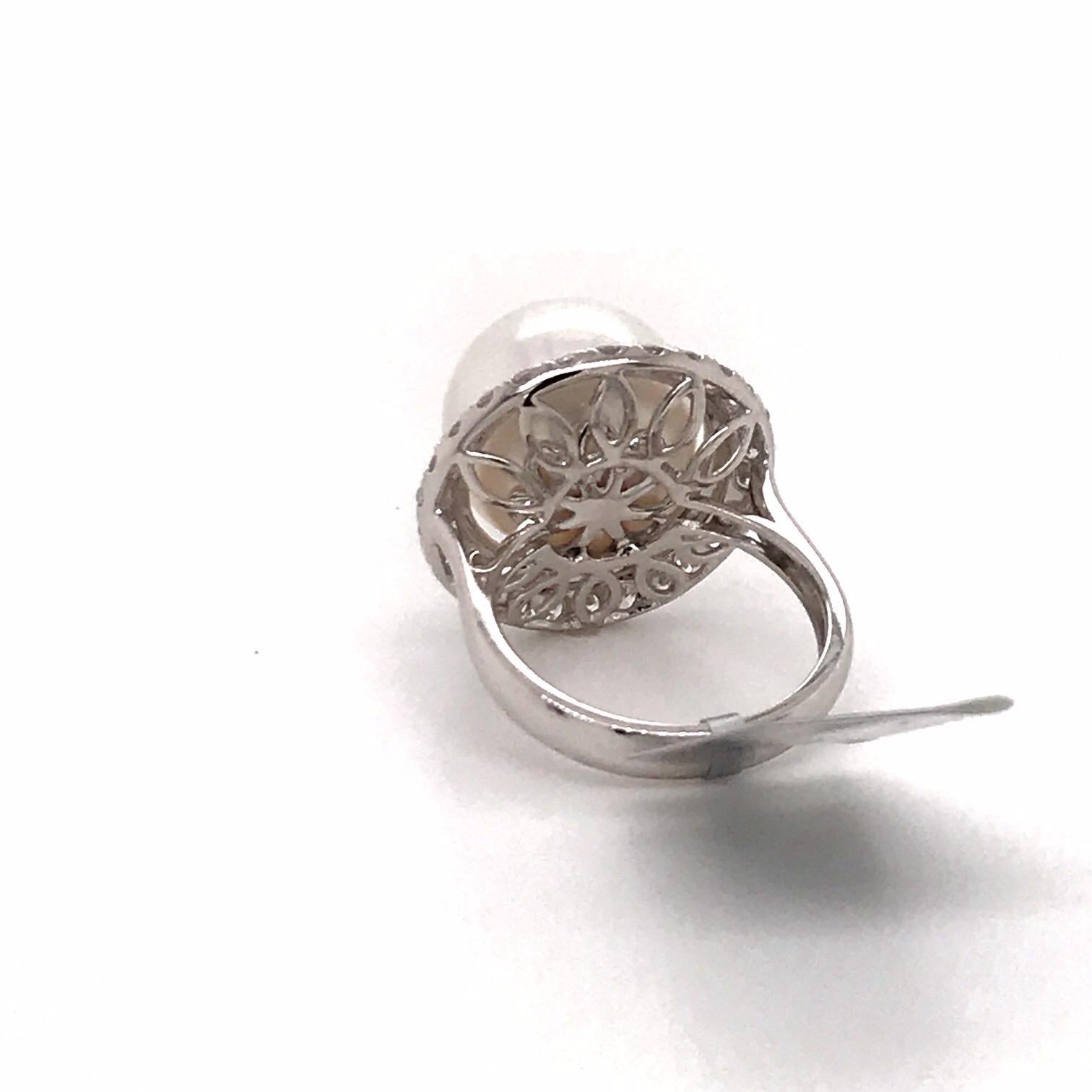 South Sea Pearl Double Diamond Halo Ring 1.16 Carat 18 Karat White Gold For Sale 4