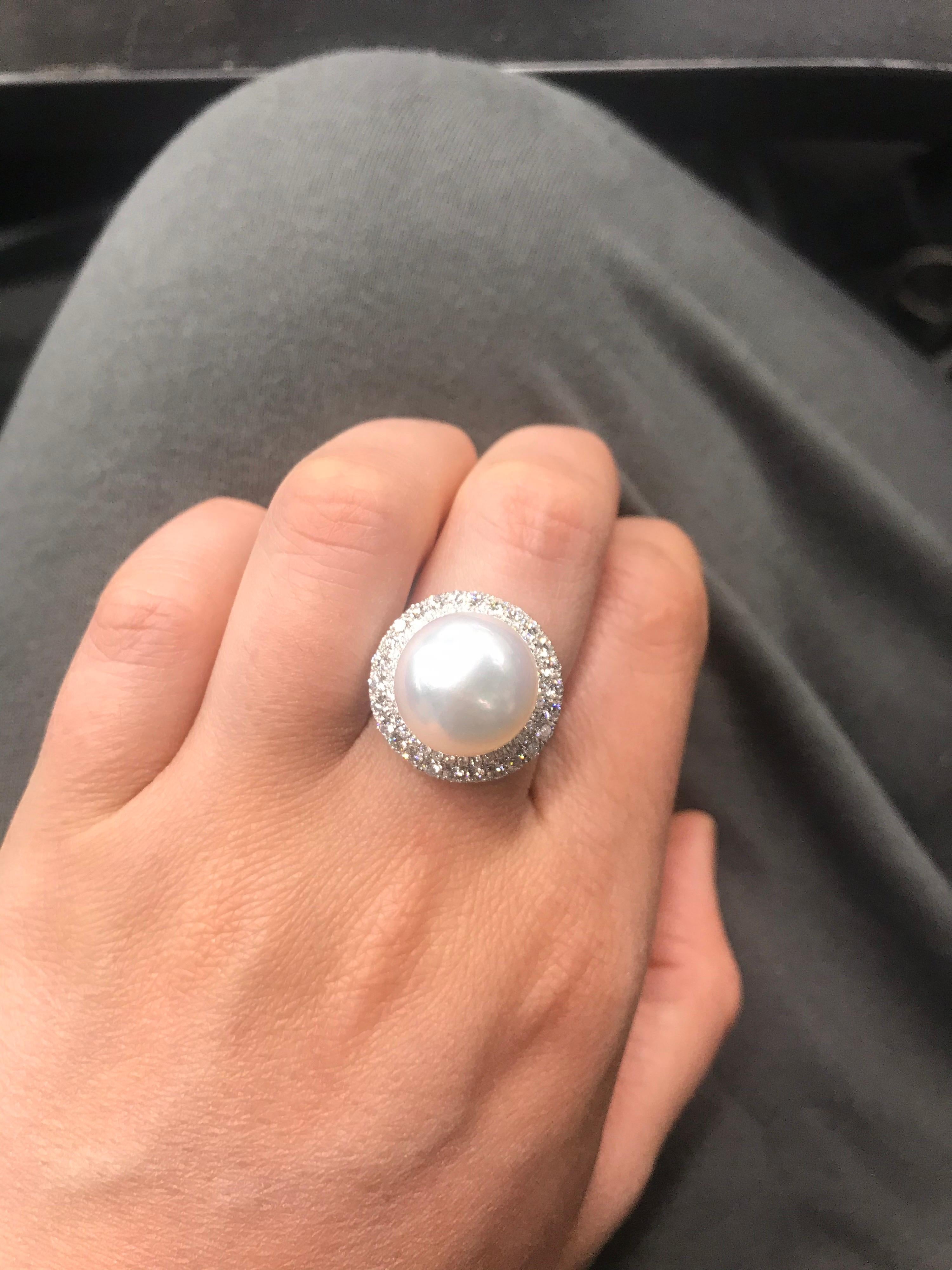 South Sea Pearl Double Diamond Halo Ring 1.16 Carat 18 Karat White Gold For Sale 6