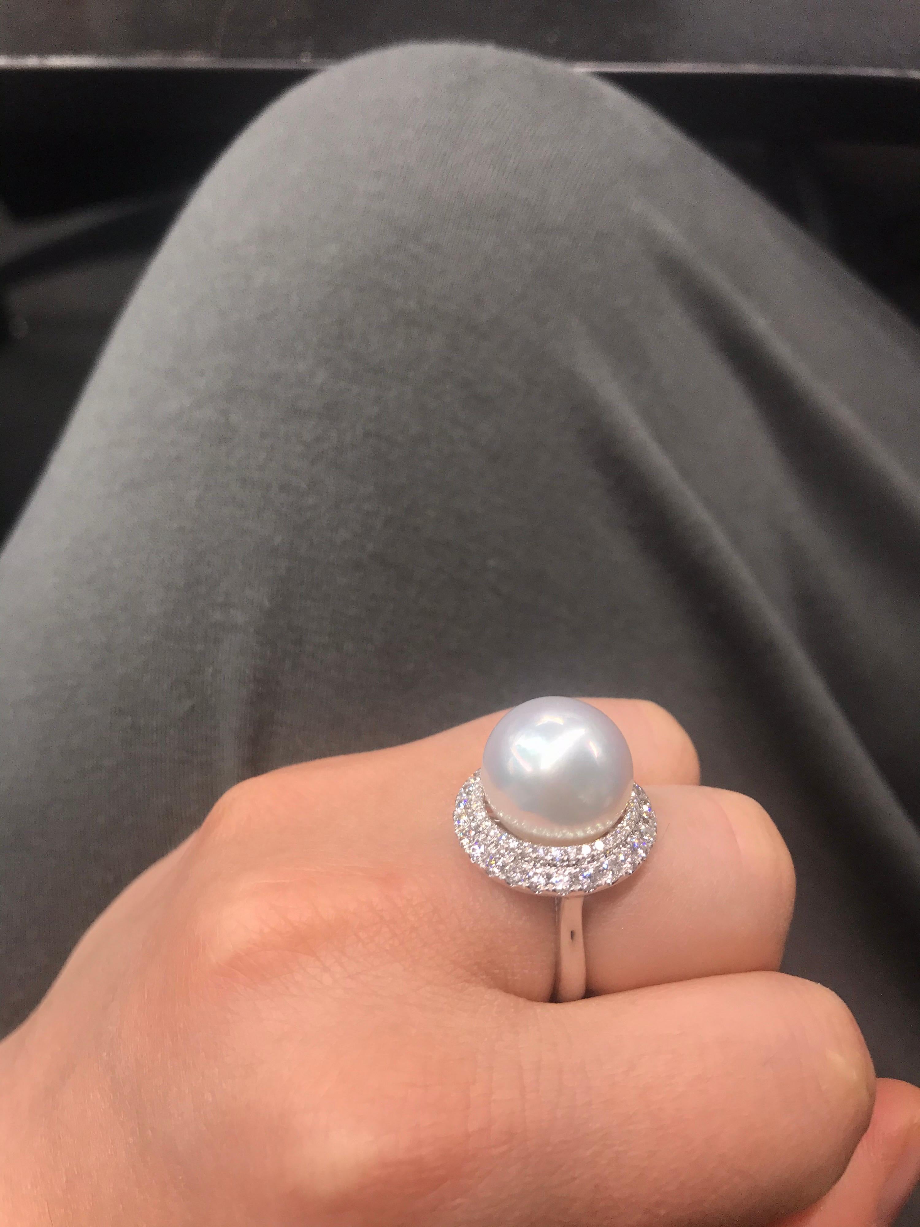 South Sea Pearl Double Diamond Halo Ring 1.16 Carat 18 Karat White Gold For Sale 7