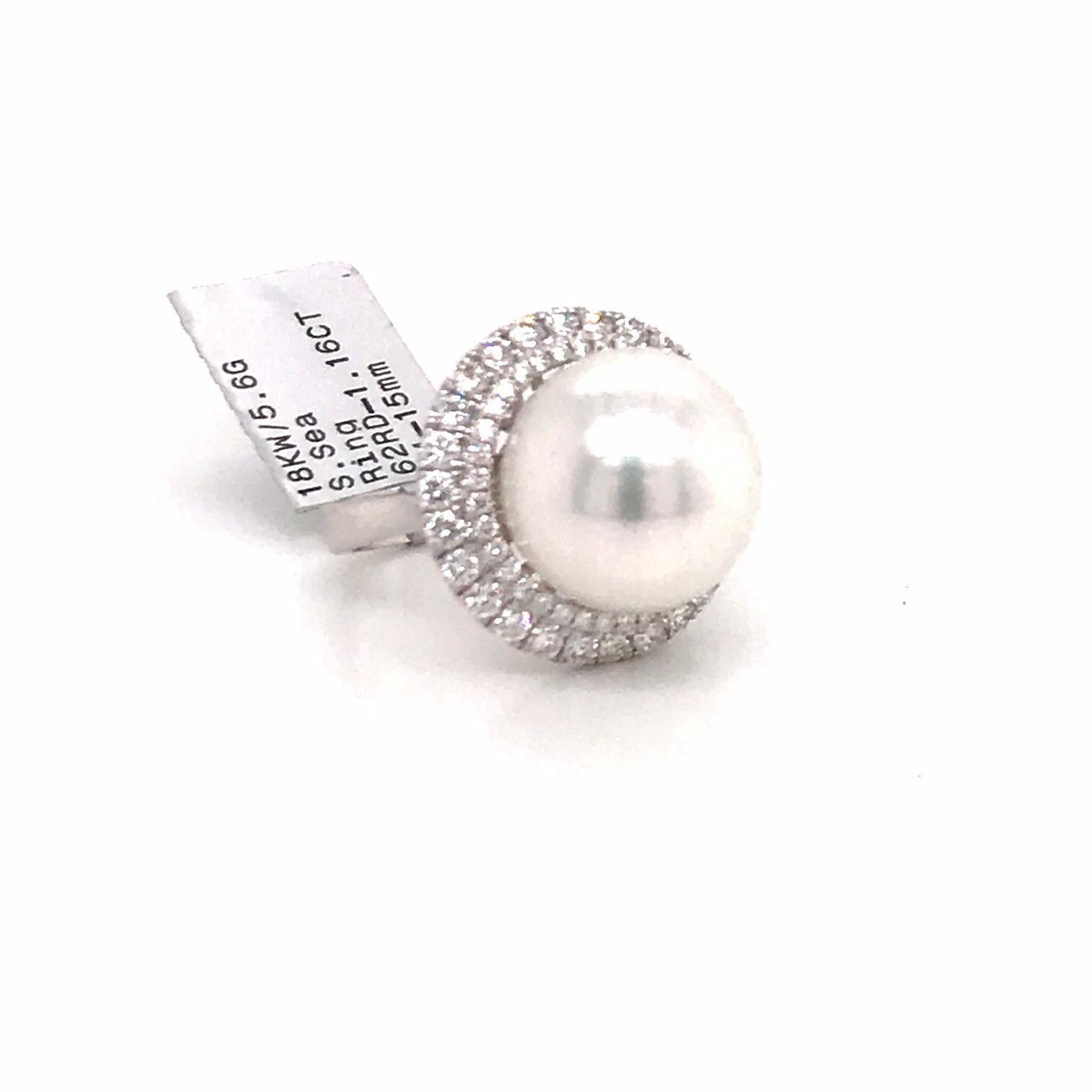 Round Cut South Sea Pearl Double Diamond Halo Ring 1.16 Carat 18 Karat White Gold For Sale