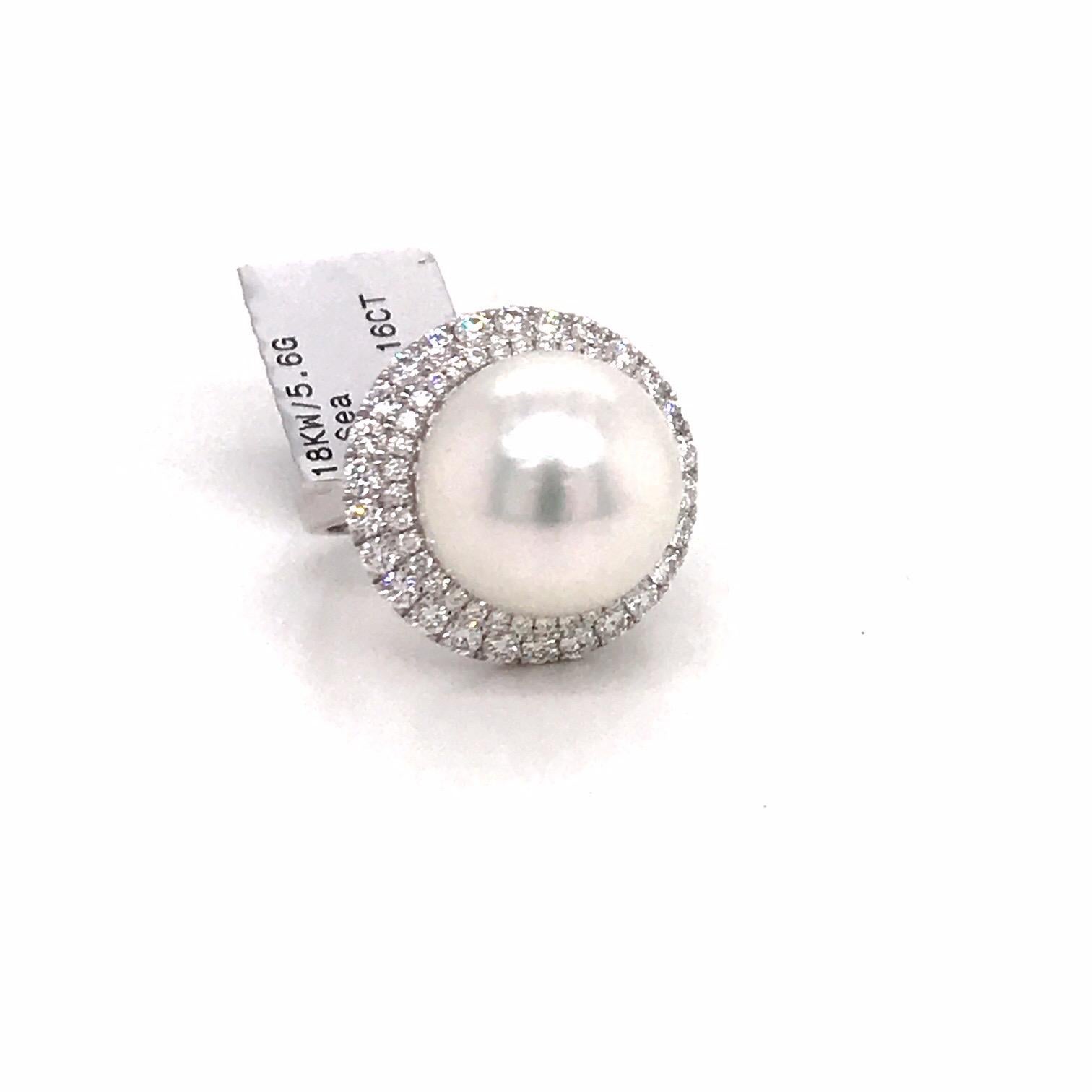 South Sea Pearl Double Diamond Halo Ring 1.16 Carat 18 Karat White Gold In New Condition For Sale In New York, NY