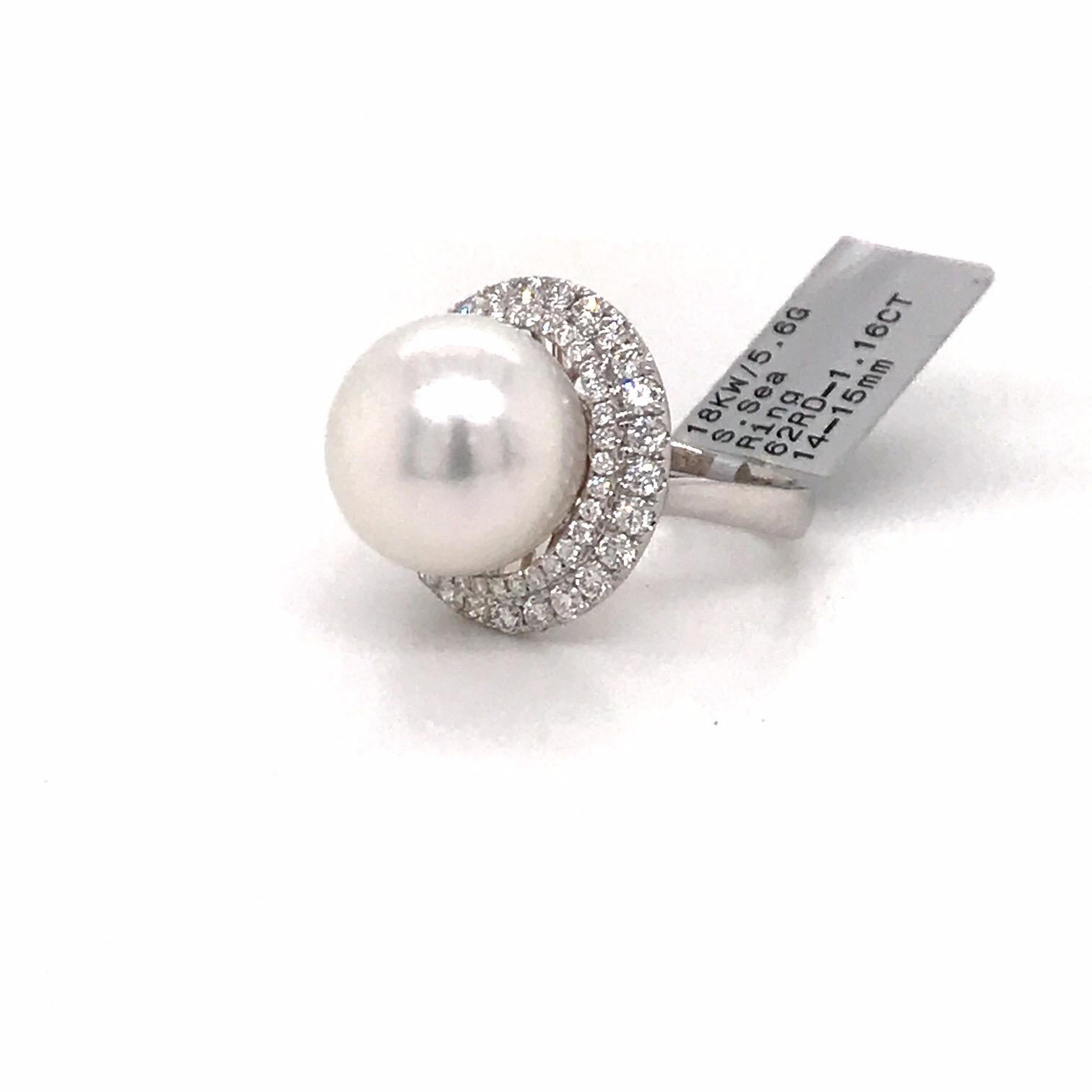 Women's South Sea Pearl Double Diamond Halo Ring 1.16 Carat 18 Karat White Gold For Sale