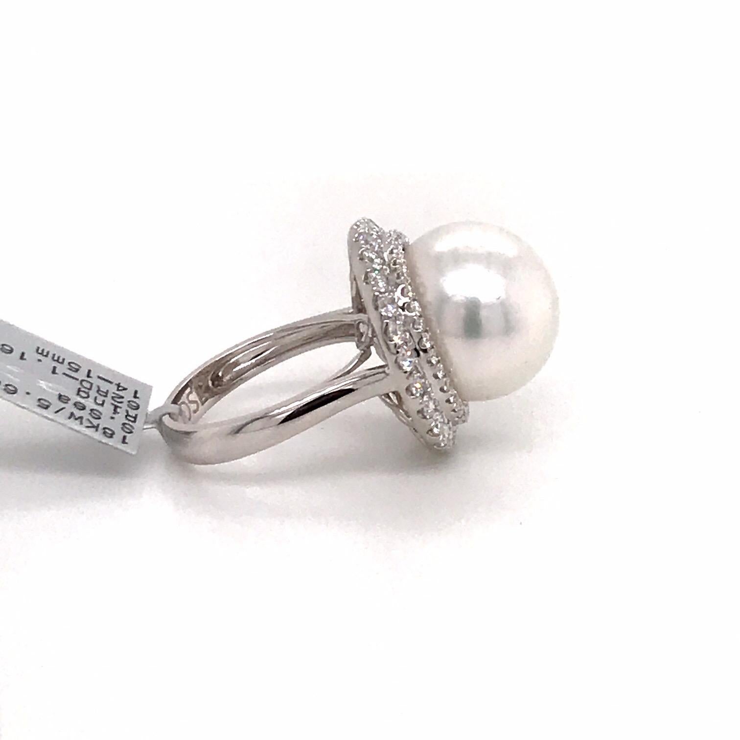 South Sea Pearl Double Diamond Halo Ring 1.16 Carat 18 Karat White Gold For Sale 1