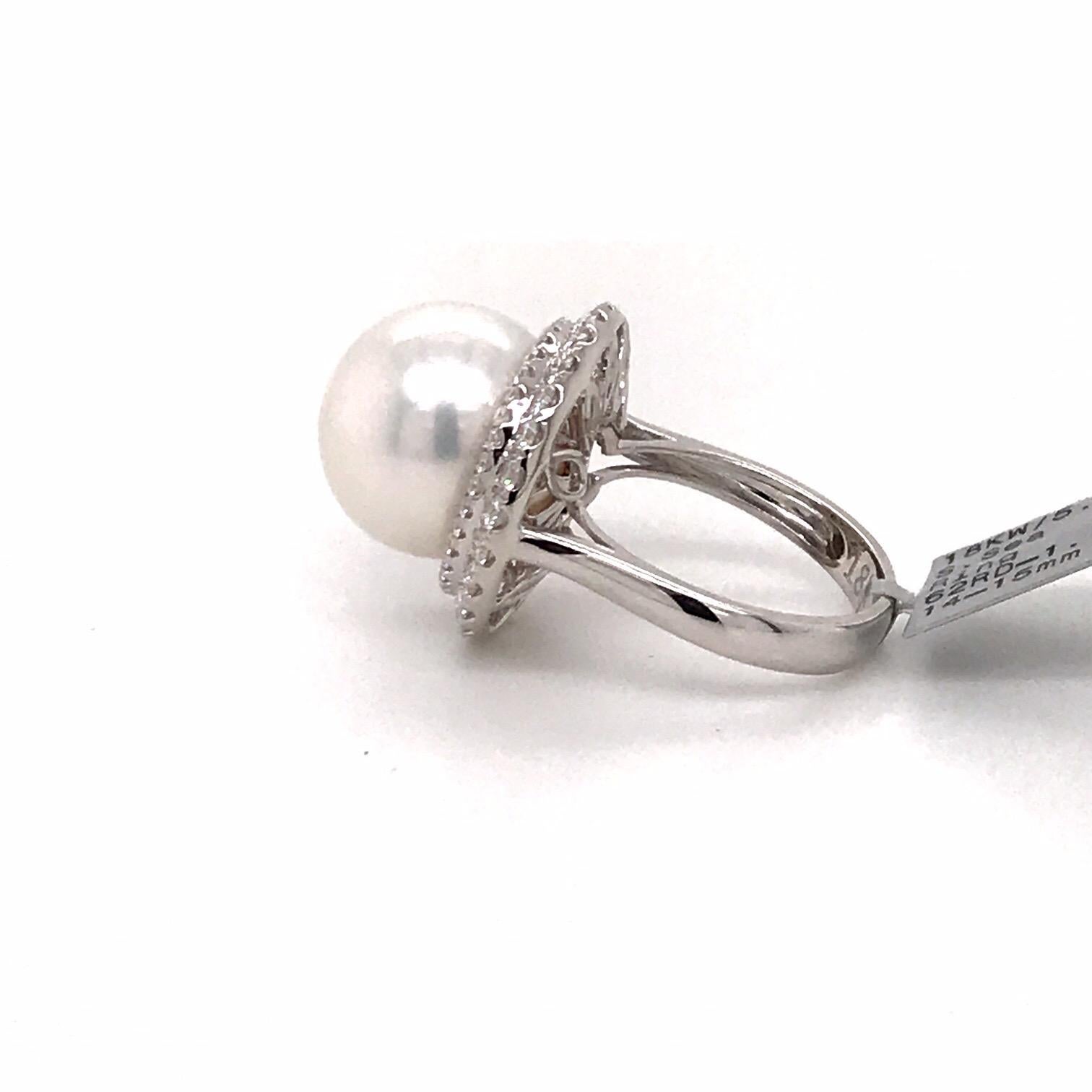South Sea Pearl Double Diamond Halo Ring 1.16 Carat 18 Karat White Gold For Sale 2