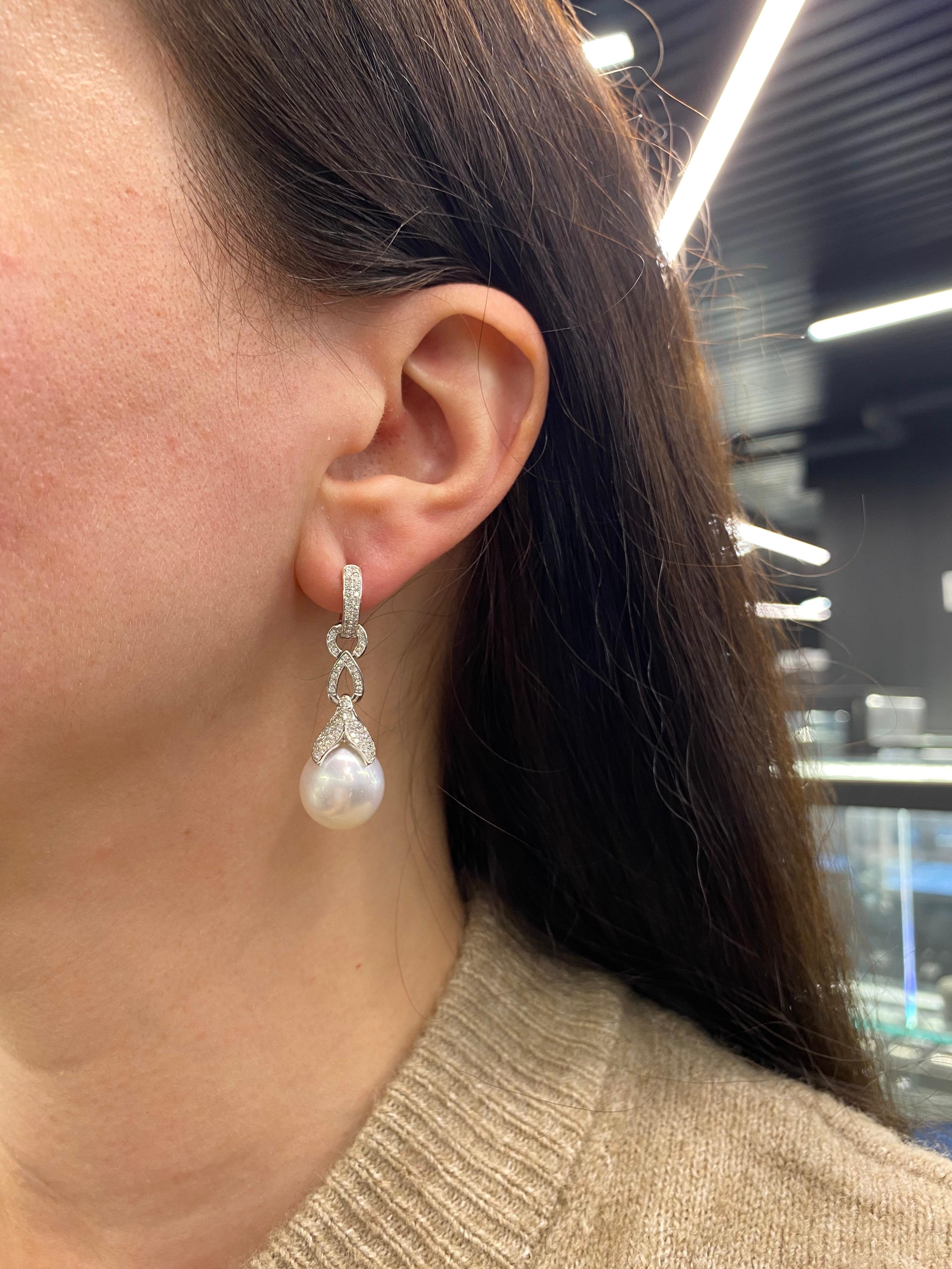 South Sea Pearl Drop/Huggie Earrings 0.77 Carat 18 Karat White Gold For Sale 1