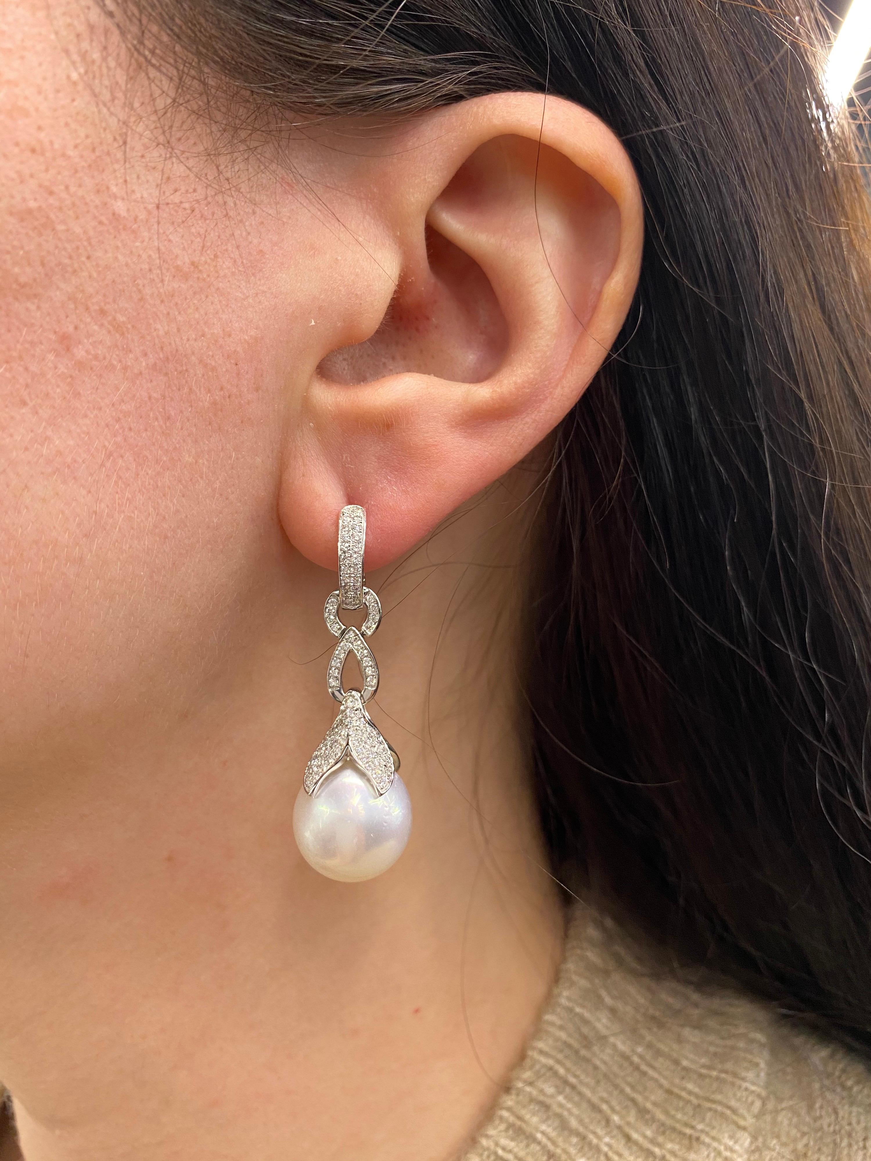 South Sea Pearl Drop/Huggie Earrings 0.77 Carat 18 Karat White Gold For Sale 2