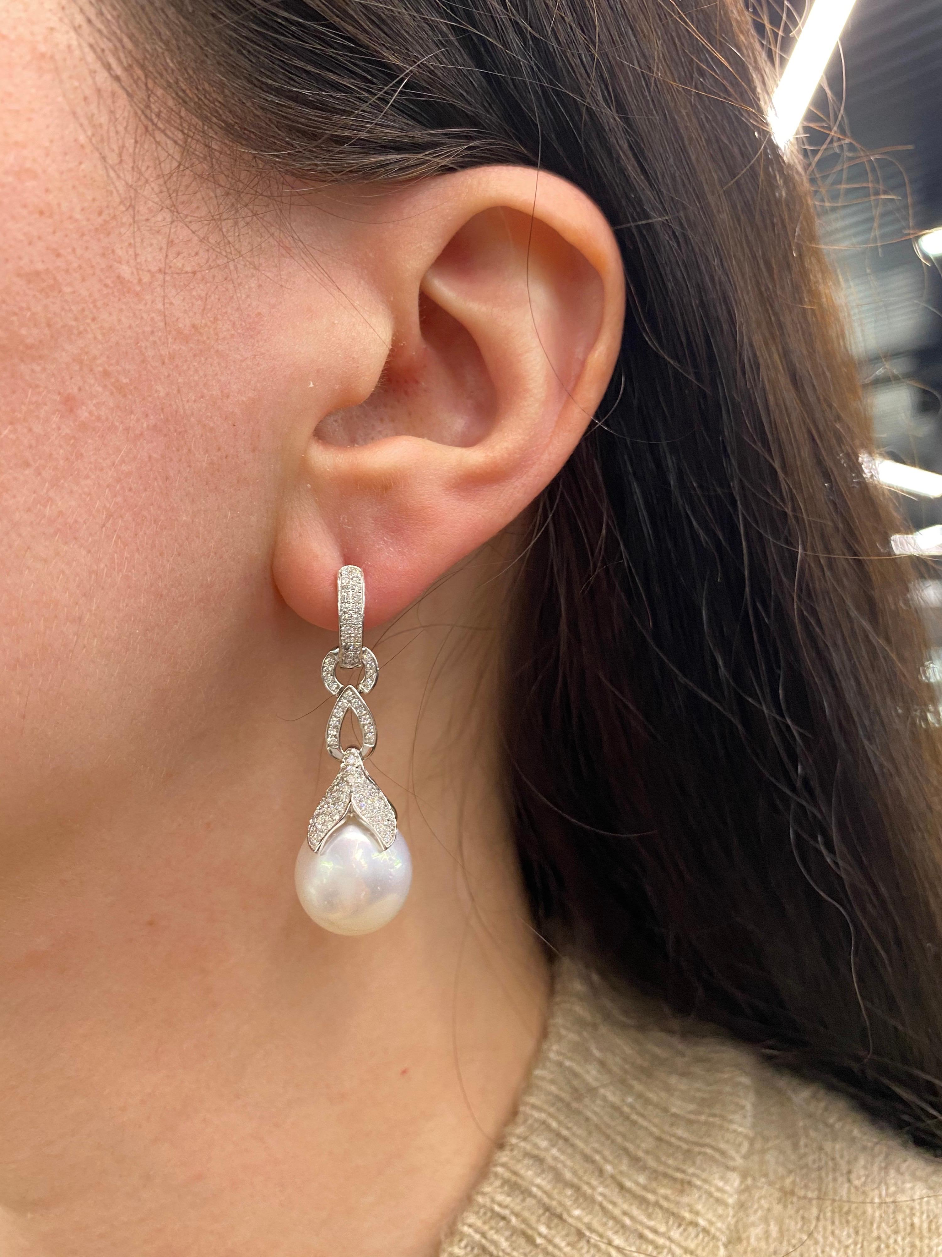 South Sea Pearl Drop/Huggie Earrings 0.77 Carat 18 Karat White Gold For Sale 3