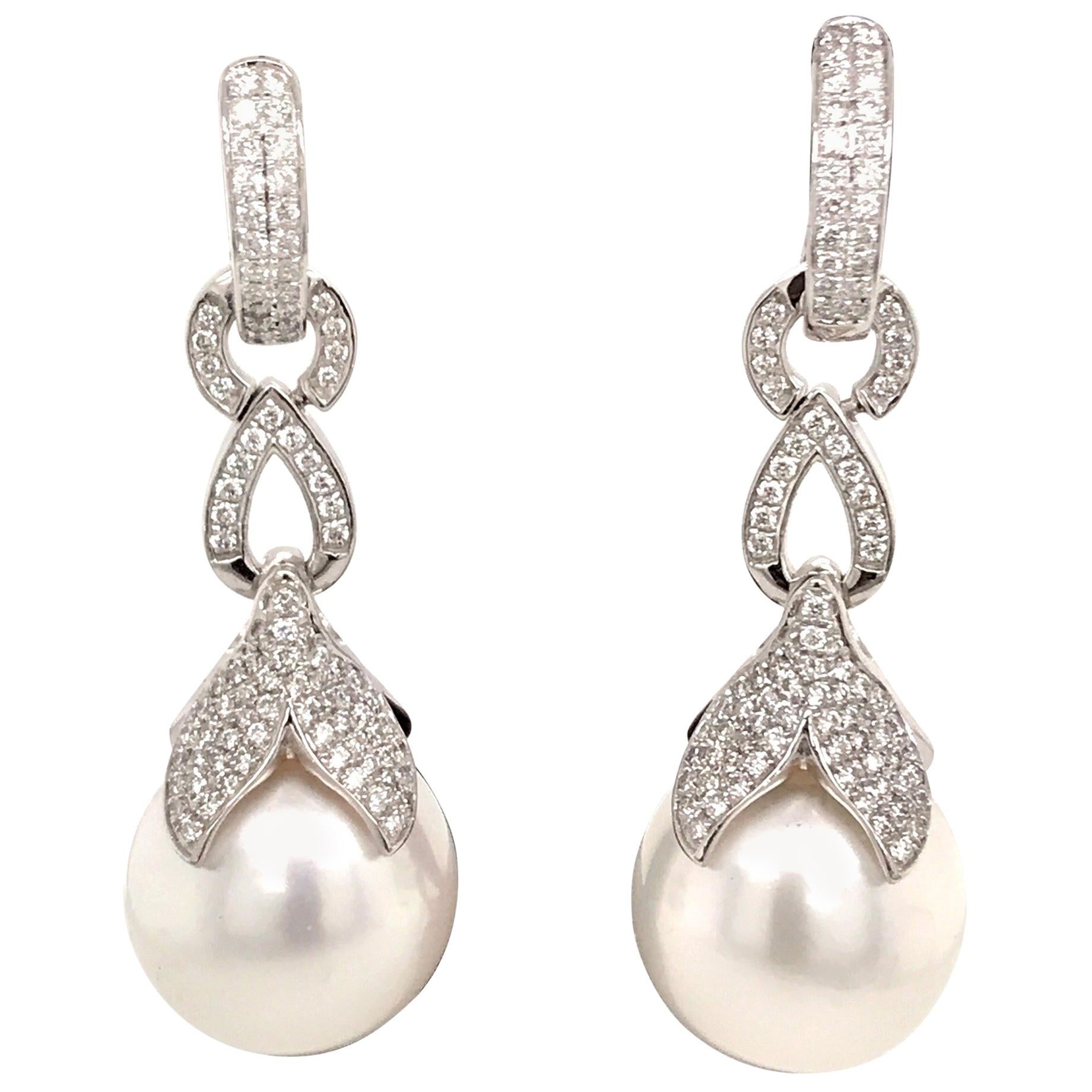 South Sea Pearl Drop/Huggie Earrings 0.77 Carat 18 Karat White Gold For Sale