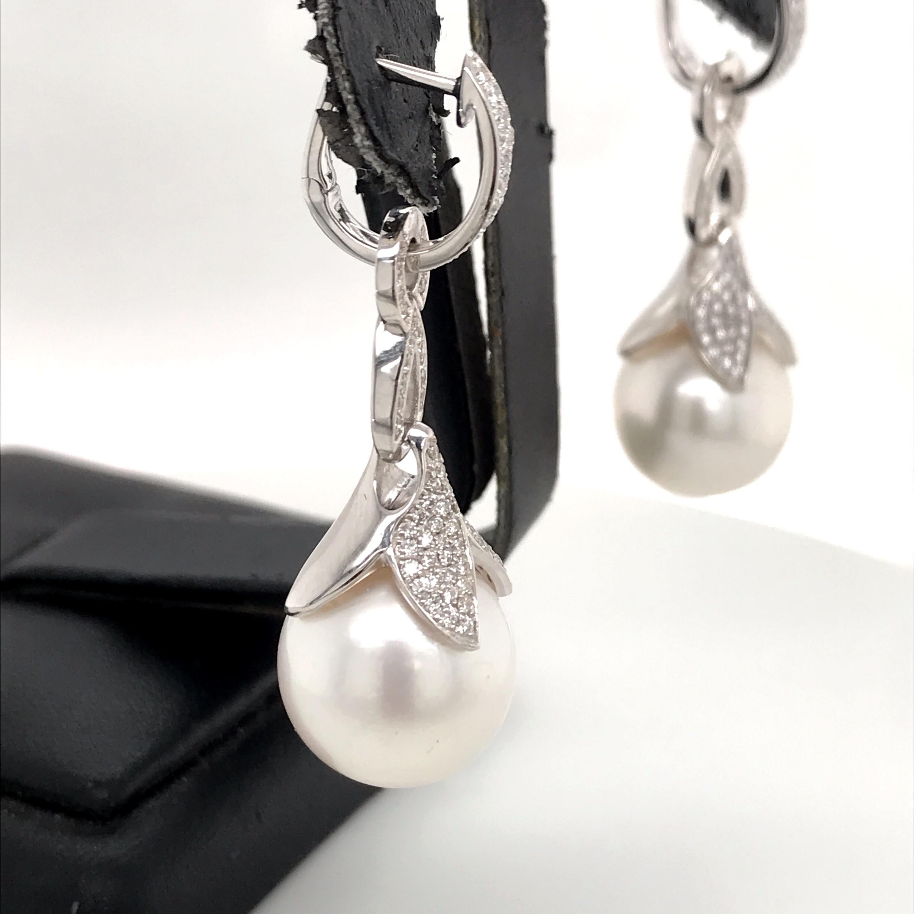 Contemporary South Sea Pearl Drop/Huggie Earrings 0.77 Carat 18 Karat White Gold For Sale