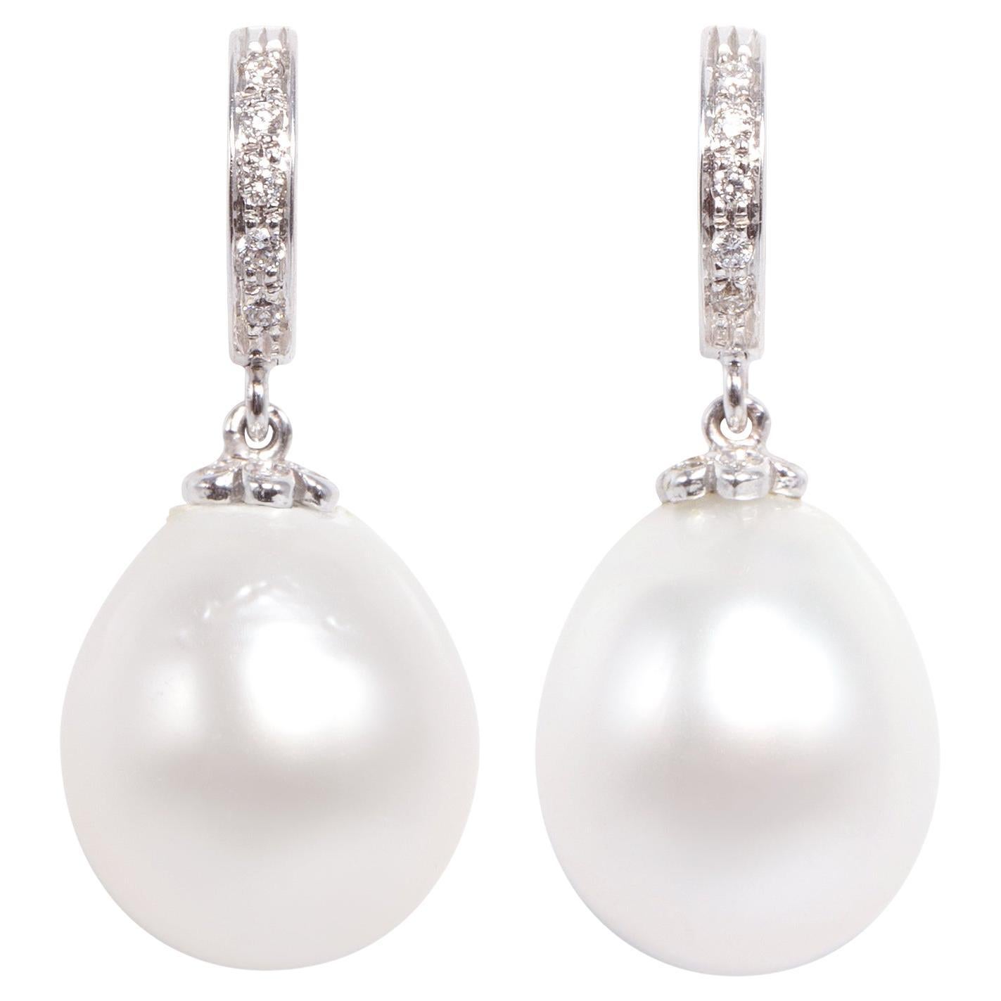 South Sea Pearl Drop Shape Diamond Hoop Drop Earrings Design by Ella Gafter For Sale