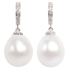 South Sea Pearl Drop Shape Diamond Hoop Drop Earrings Design by Ella Gafter