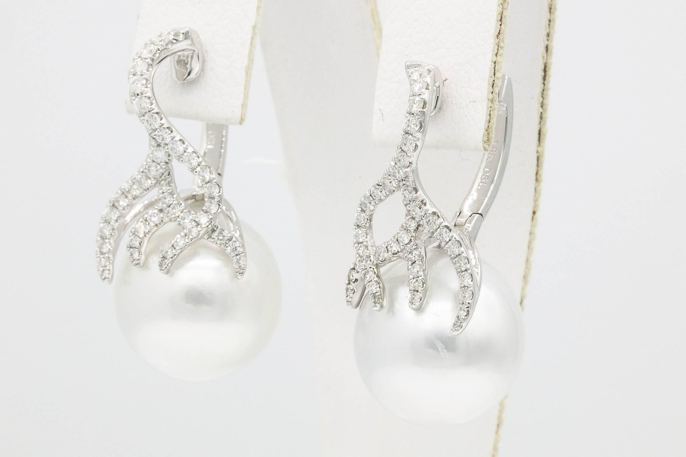 Contemporary South Sea Pearl Earrings and Diamonds Flame Drop Earrings