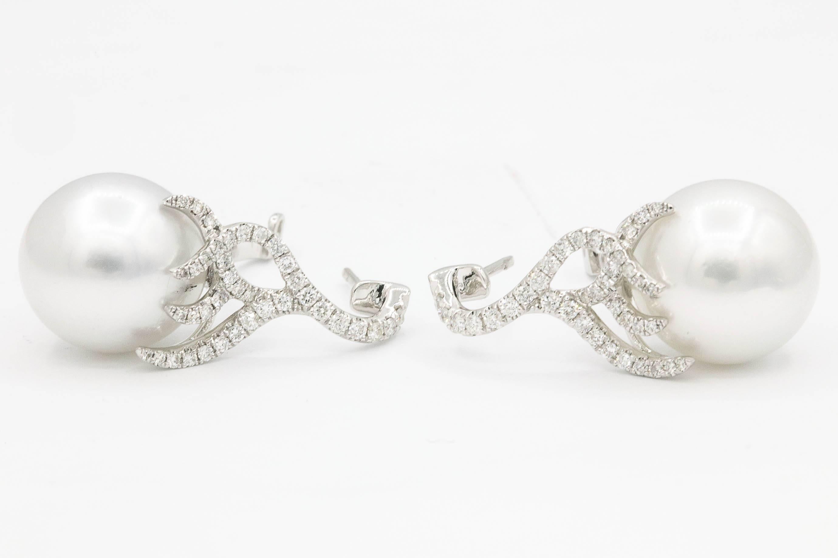Round Cut South Sea Pearl Earrings and Diamonds Flame Drop Earrings