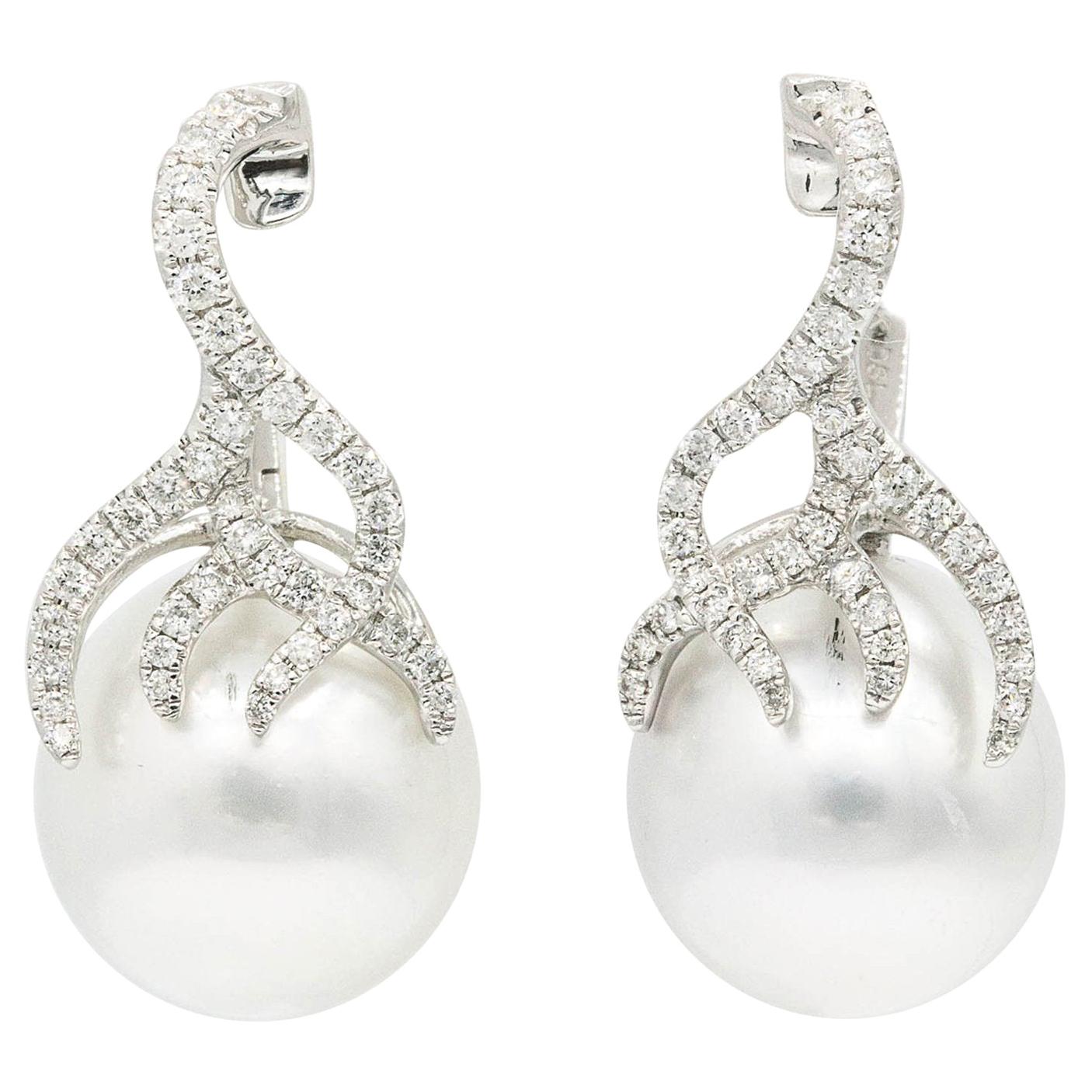 South Sea Pearl Earrings and Diamonds Flame Drop Earrings