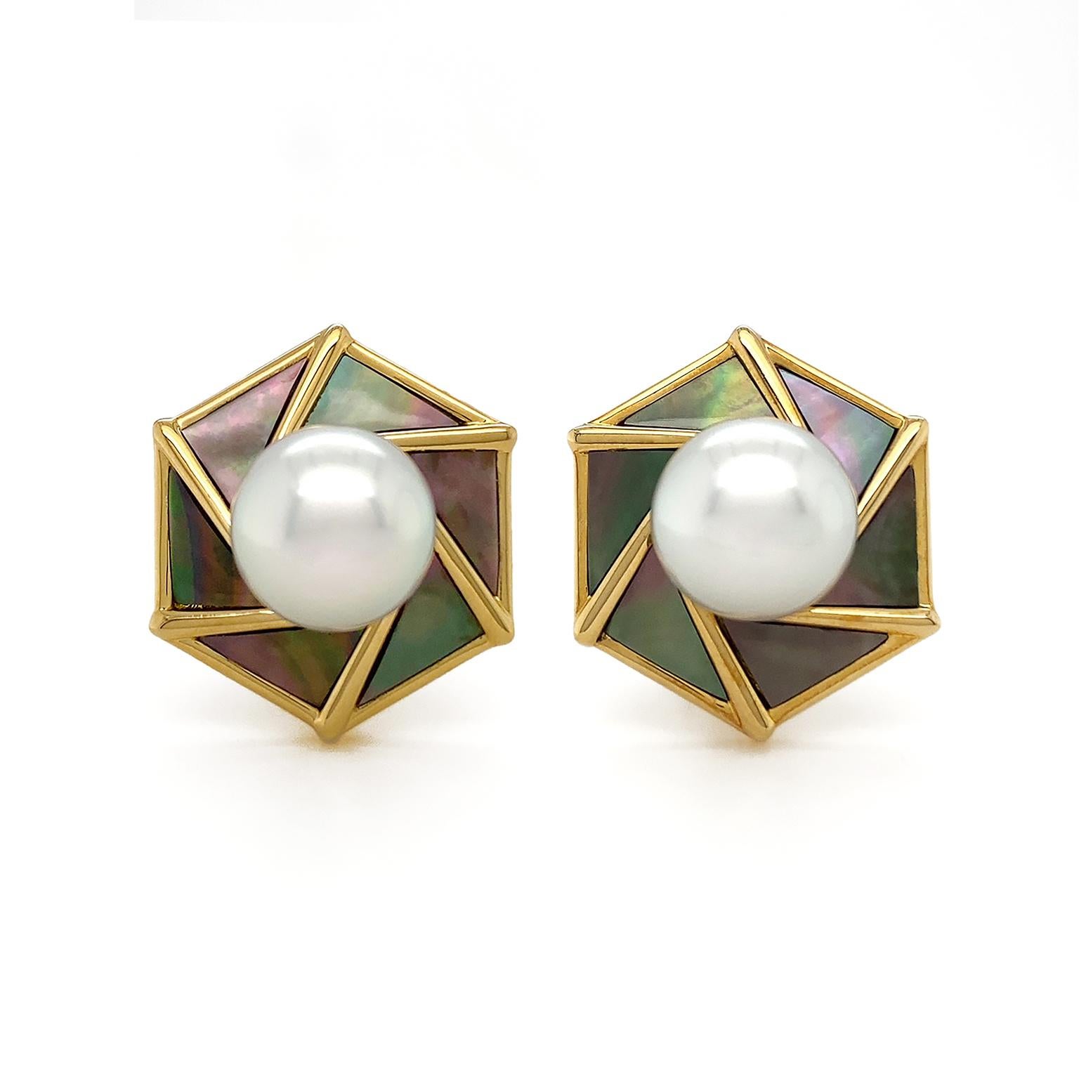Modern South Sea and Mother of Pearl 18K Yellow Gold Earrings For Sale