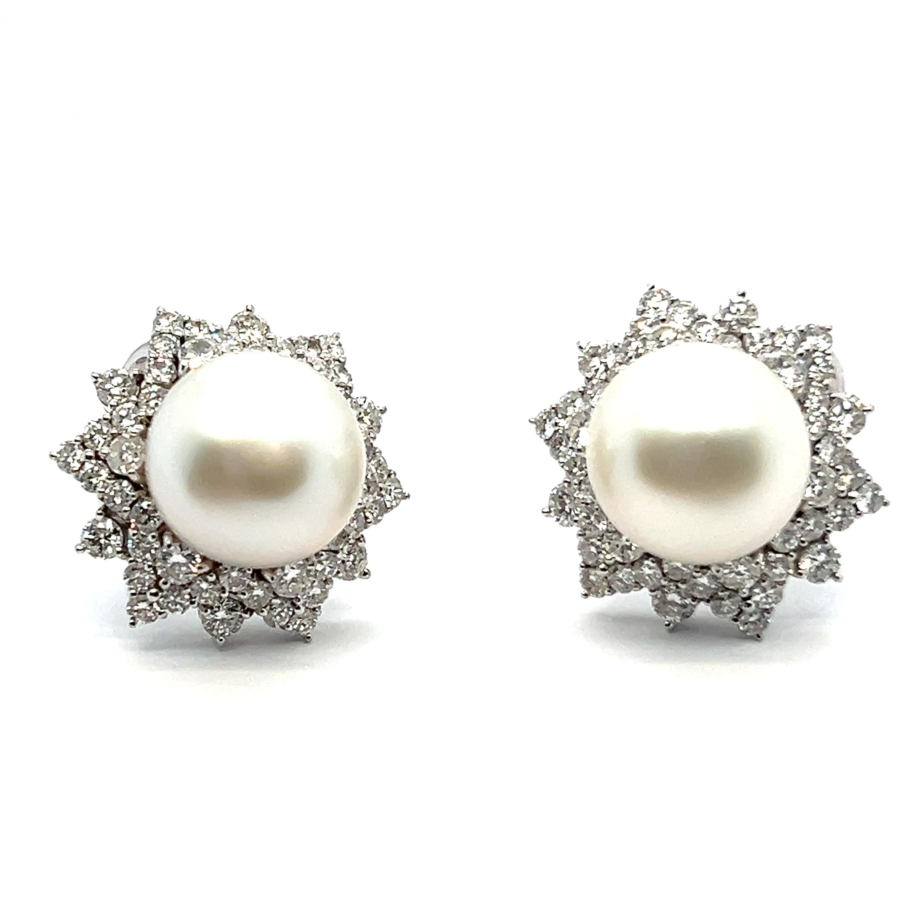 Brilliant Cut South Sea Pearl Earrings in 18 Karat White Gold by Meister For Sale