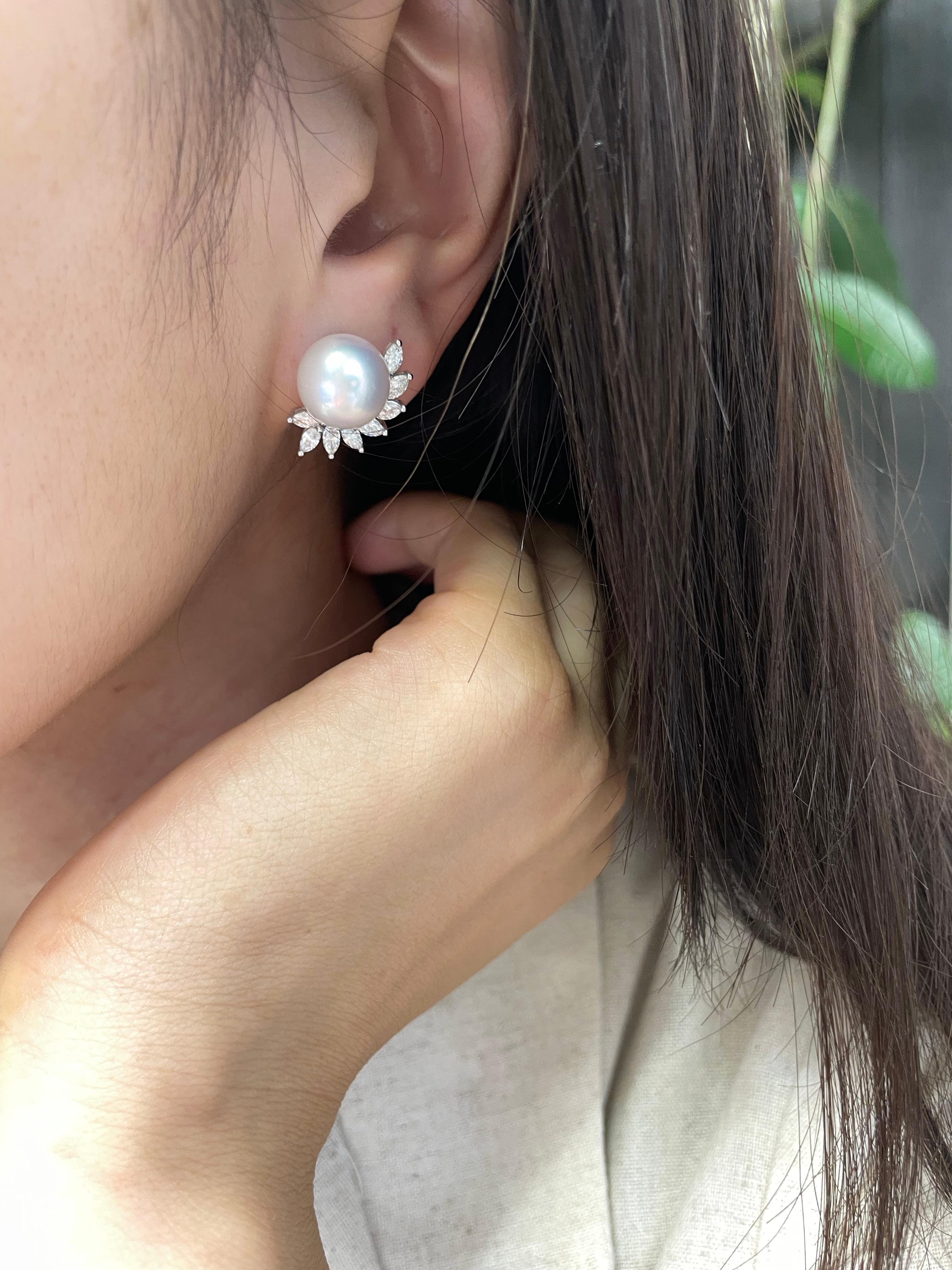 South Sea Pearl Earrings with Marquise Diamond in 18K White Gold For Sale 5