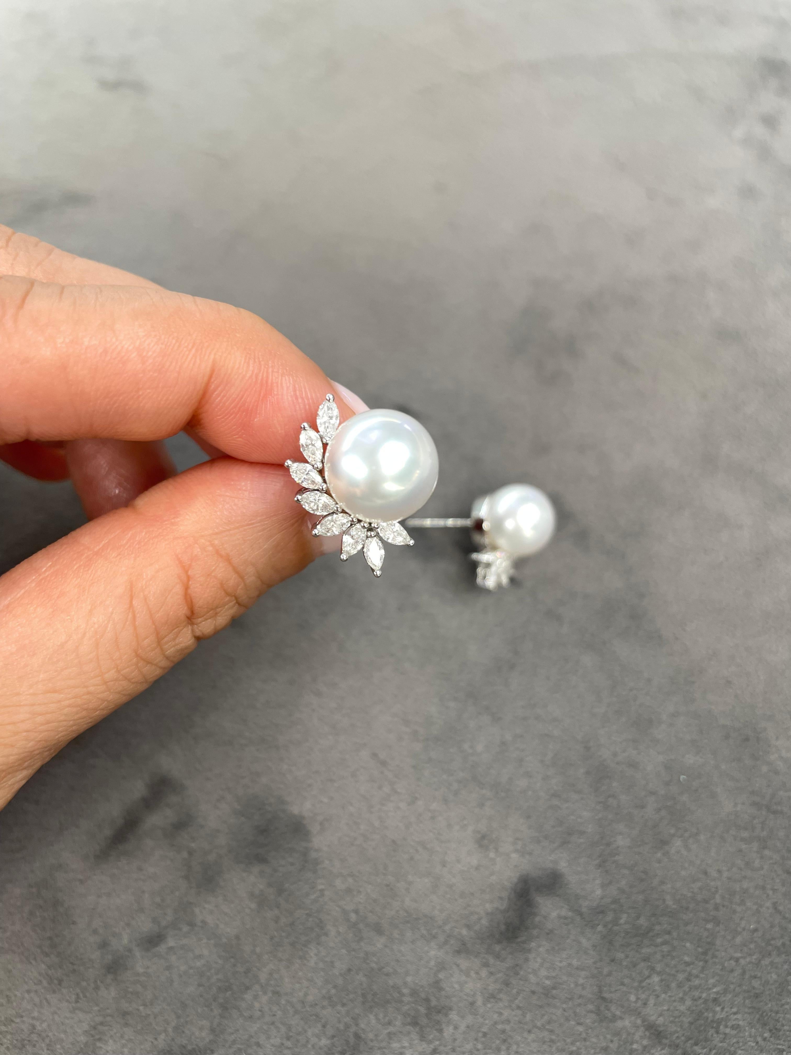 Women's or Men's South Sea Pearl Earrings with Marquise Diamond in 18K White Gold For Sale