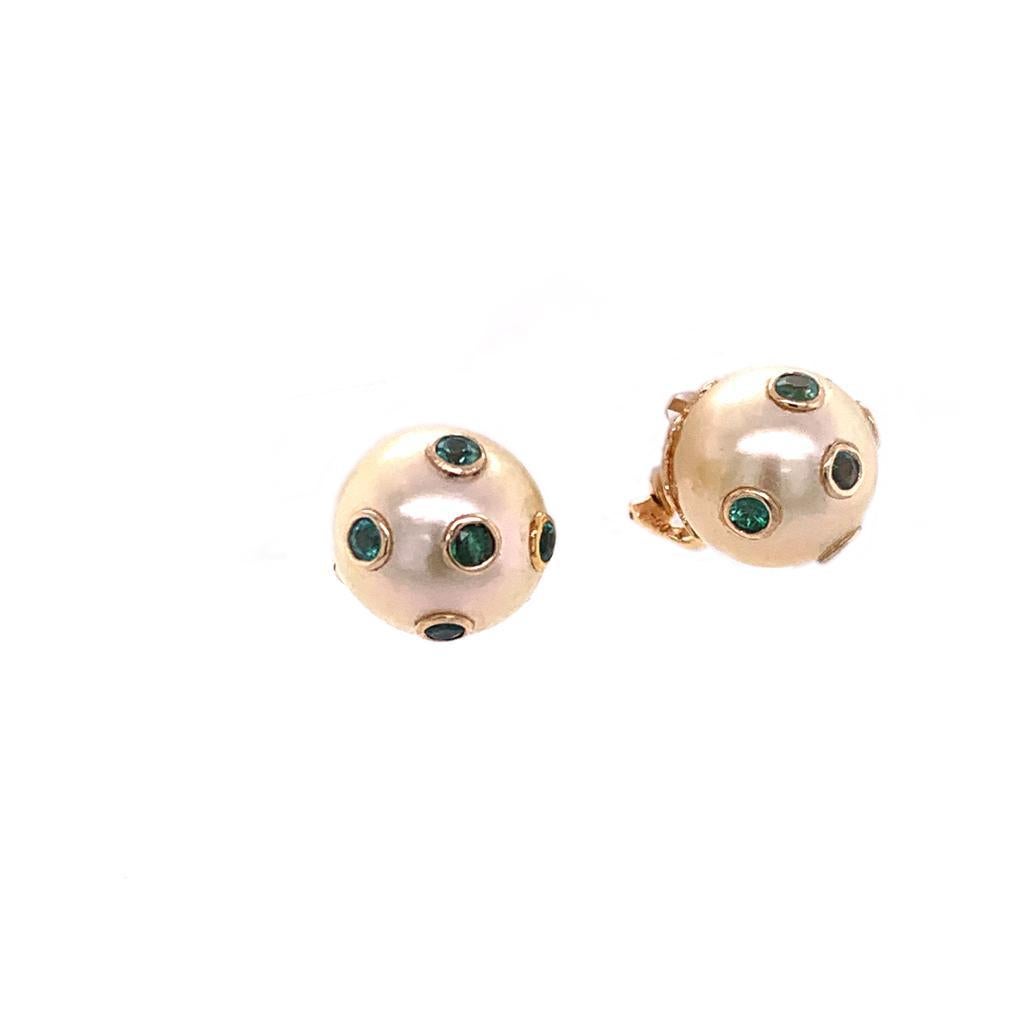 Round Cut South Sea Pearl Emerald Earrings 18k Gold Certified For Sale