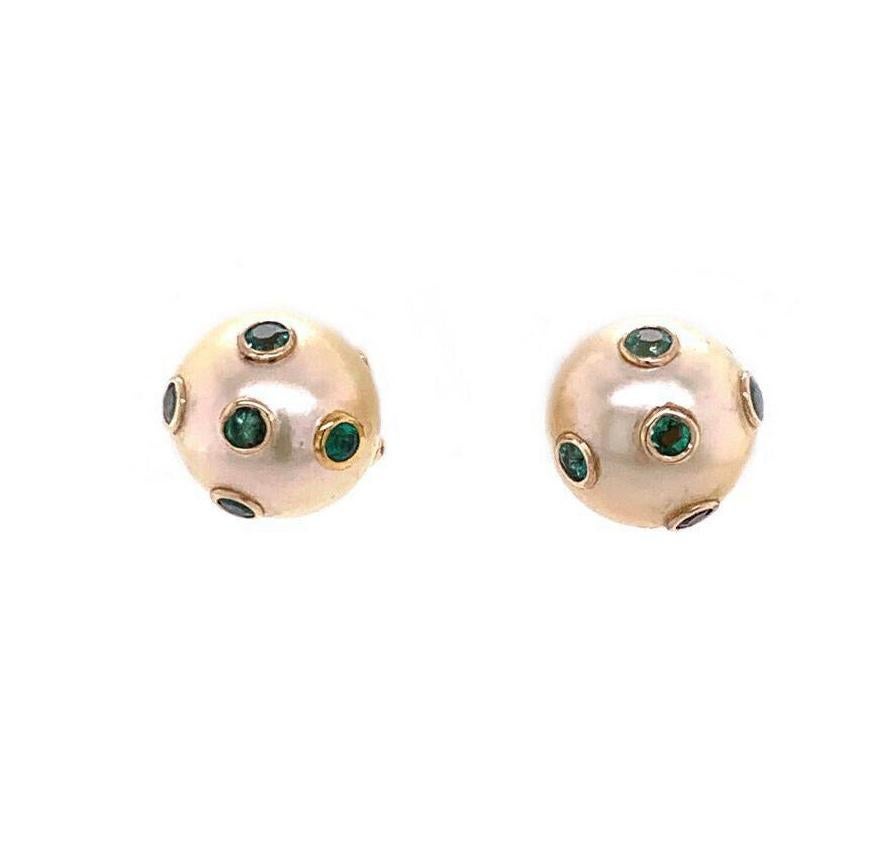 Modern South Sea Pearl Emerald Earrings 18k Gold Certified For Sale