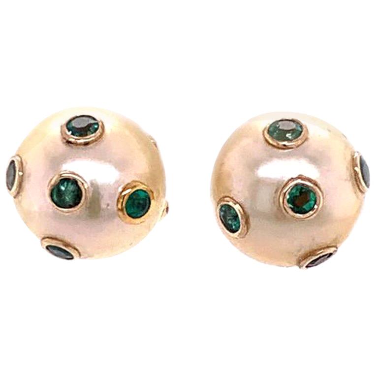 South Sea Pearl Emerald Earrings 18k Gold Certified For Sale