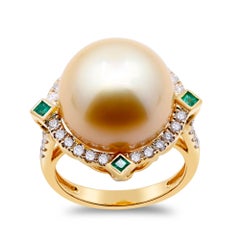 Südseeperle, Smaragd mit Diamant-Akzenten 14K Gelbgold Ring