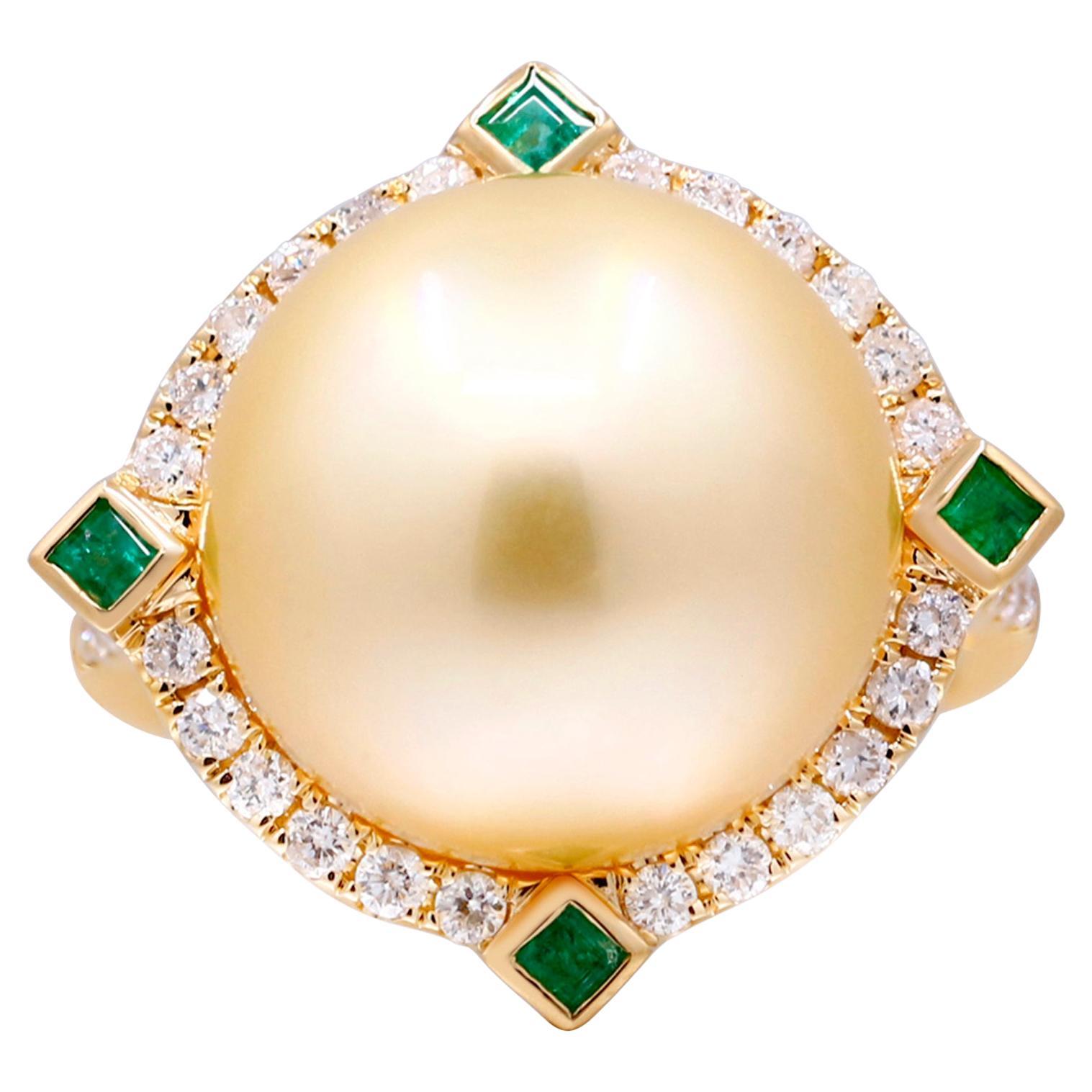 South Sea Pearl, Emerald with Diamond Accents 18K Yellow Gold Ring