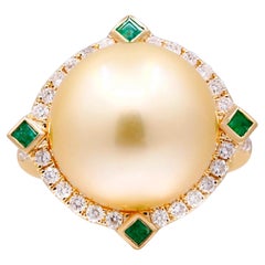 South Sea Pearl, Emerald with Diamond Accents 18K Yellow Gold Ring